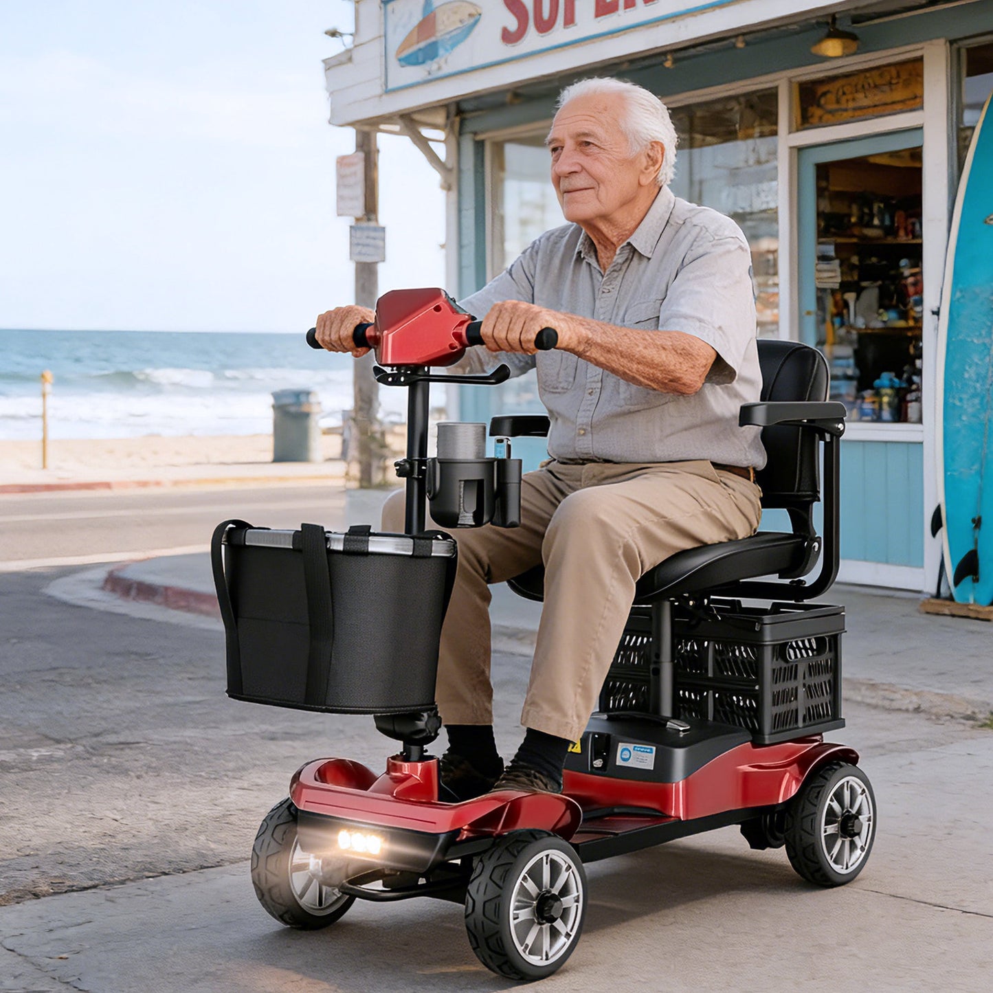 REARFIT Foldable 4 Wheels Mobility Scooter for Seniors, Electric Wheelchair with Detachable Battery, Dual Baskets, Cup & Phone Holder, 330lbs, Red