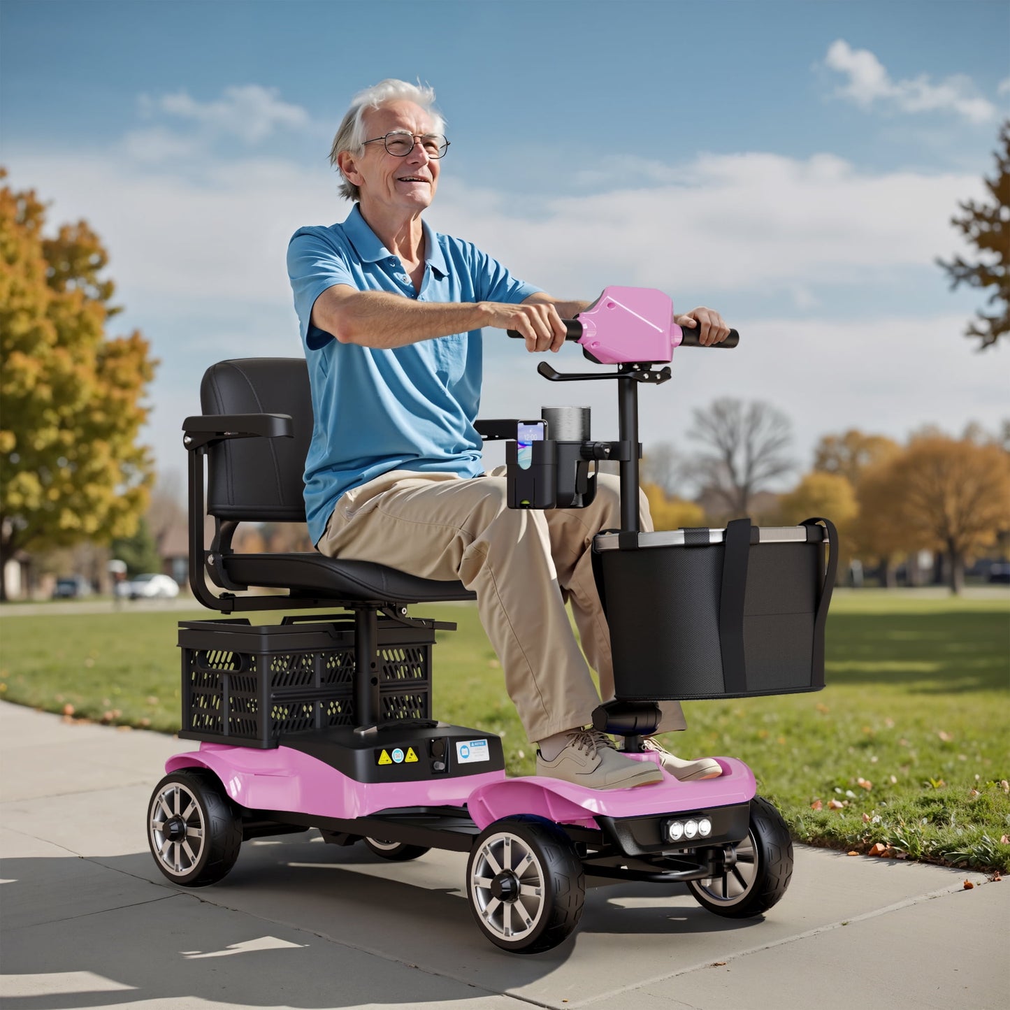 EAGLOG Upgrade 4 Wheels Mobility Scooter with Removable Battery, Compact Heavy Duty Mobile for Travel, Foldable Powered Wheelchair for Adult, 330lbs, Pink