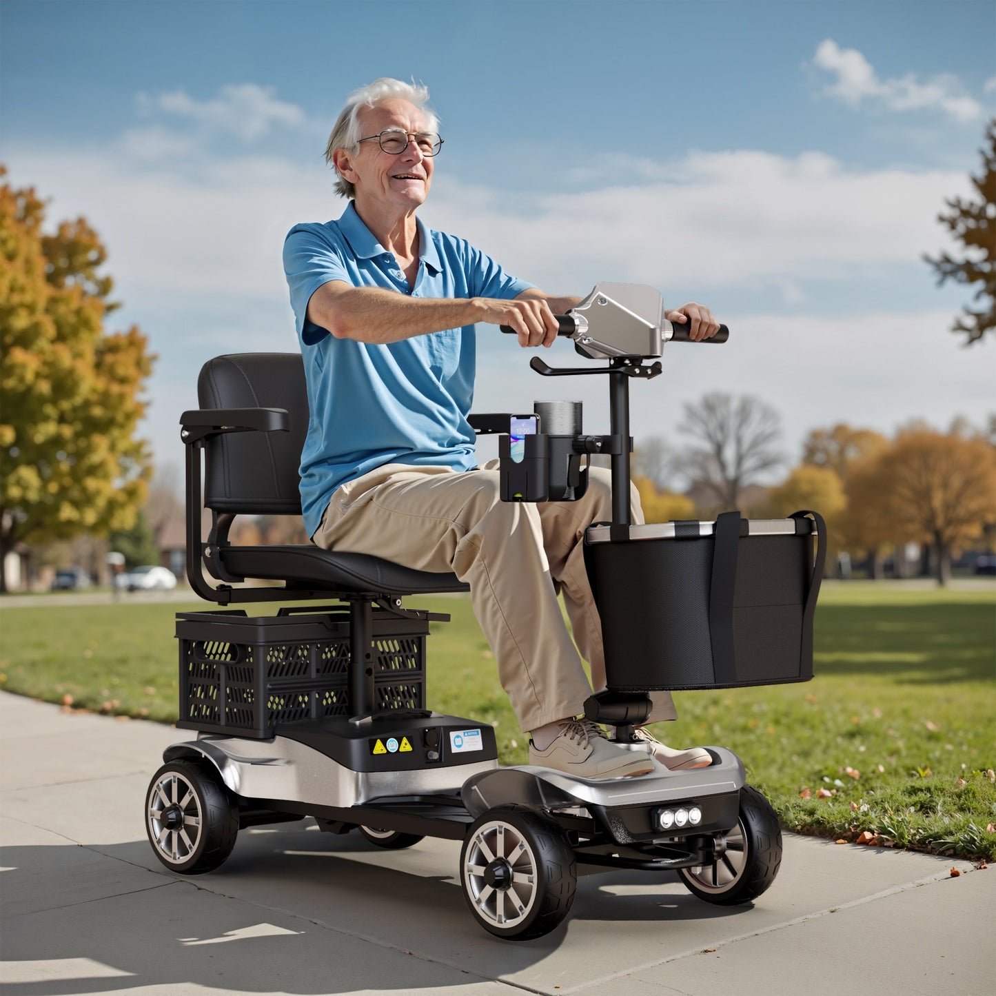 EAGLOG Upgrade 4 Wheels Mobility Scooter with Removable Battery, Compact Heavy Duty Mobile for Travel, Foldable Powered Wheelchair for Adult, 330lbs, 2 Batteries, 30 Miles Range, Silver