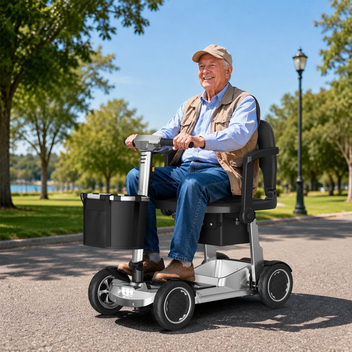 EAGLOG Lightweight Mobility Scooter for Seniors, Foldable Motorized Scooters with Removable Lithium Battery, Pneumatic Tires, Airport Approved, 12.4 Miles Range, 330lb Capacity, Silver