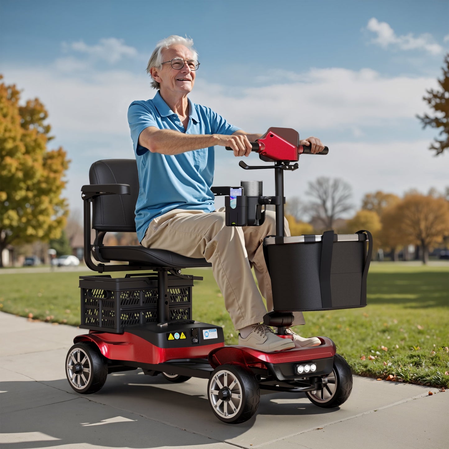 EAGLOG Upgrade 4 Wheels Mobility Scooter with Removable Battery, Compact Heavy Duty Mobile for Travel, Foldable Powered Wheelchair for Adult, 330lbs, 2 Batteries, 30 Miles Range, Red