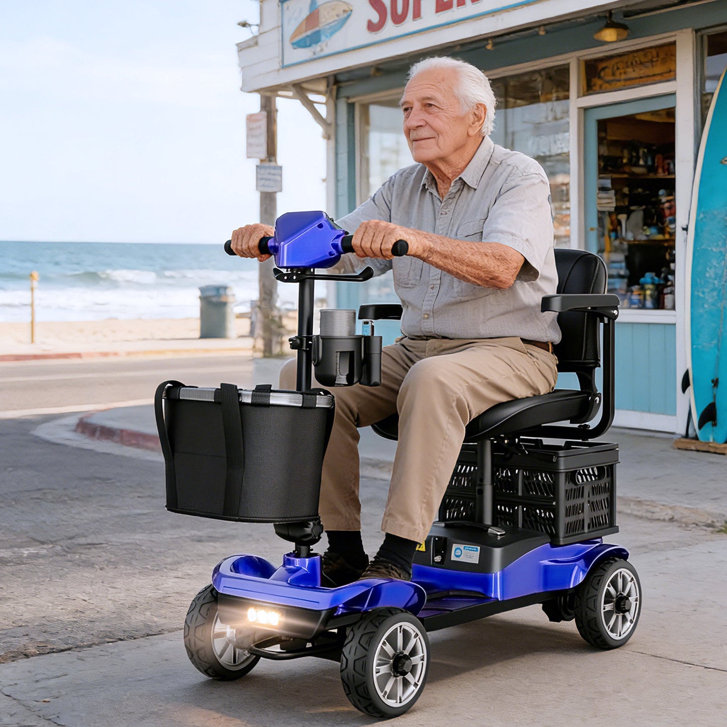 REARFIT Foldable 4 Wheels Mobility Scooter for Seniors, Electric Wheelchair with Detachable Battery, Dual Baskets, Cup & Phone Holder, 330lbs, Blue