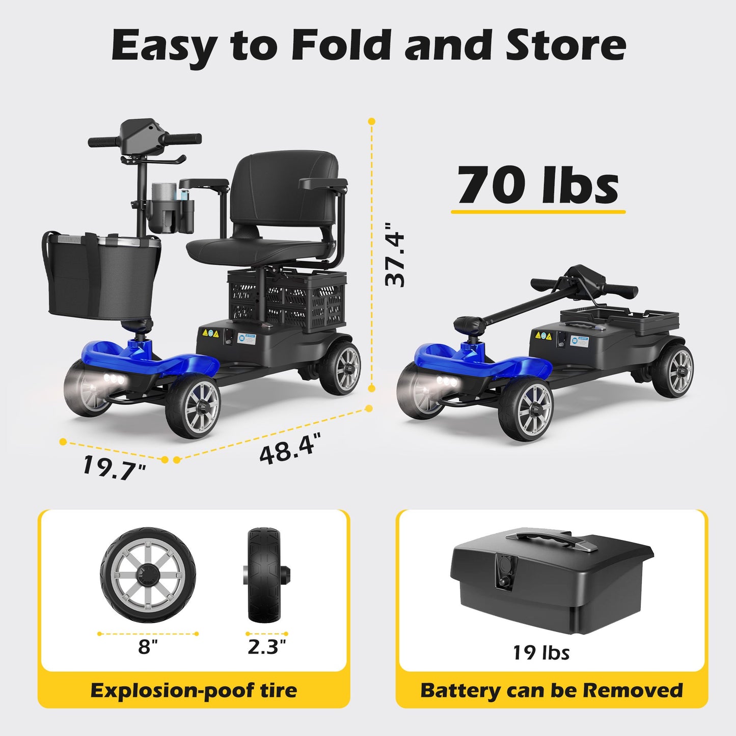 EAGLOG Upgrade 4 Wheels Mobility Scooter with Removable Battery, Compact Heavy Duty Mobile for Travel, Foldable Powered Wheelchair for Adult, 330lbs, Blue