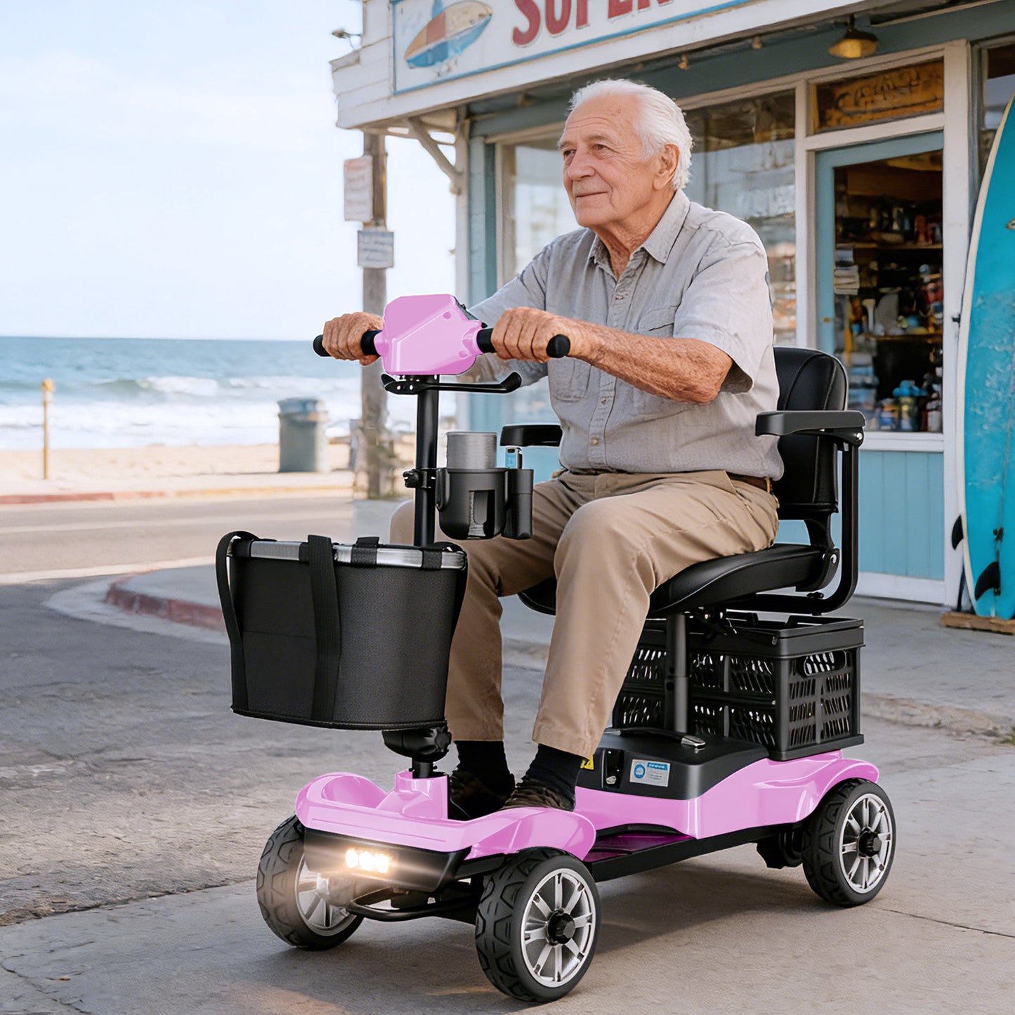 REARFIT Foldable 4 Wheels Mobility Scooter for Seniors, Electric Wheelchair with Detachable Battery, Dual Baskets, Cup & Phone Holder, 330lbs, Pink