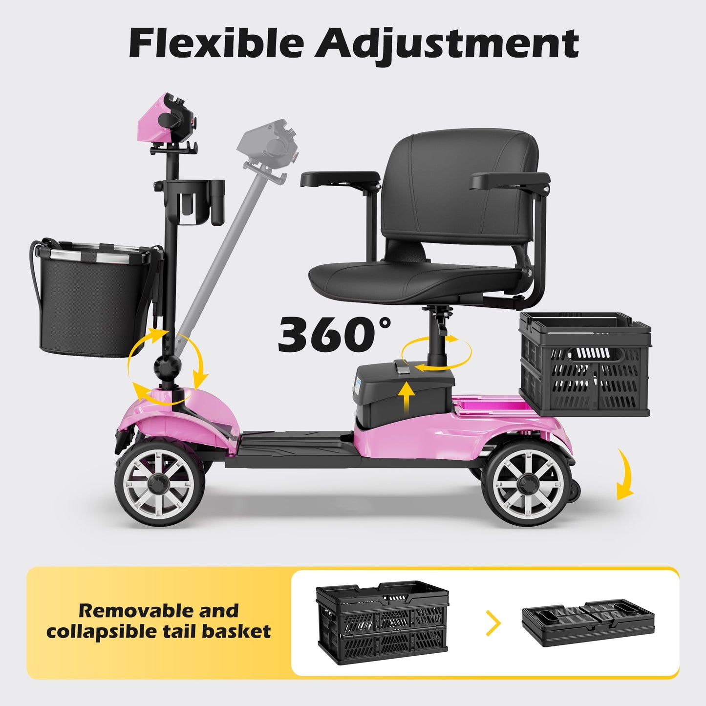 EAGLOG Upgrade 4 Wheels Mobility Scooter with Removable Battery, Compact Heavy Duty Mobile for Travel, Foldable Powered Wheelchair for Adult, 330lbs, Pink