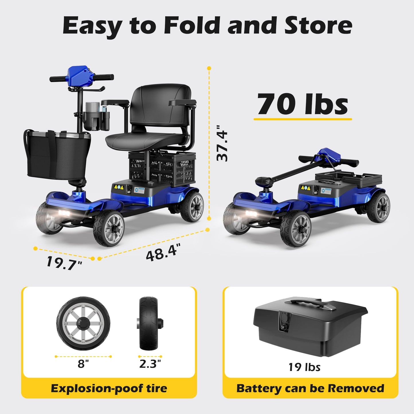 EAGLOG Upgrade 4 Wheels Mobility Scooter with Removable Battery, Compact Heavy Duty Mobile for Travel, Foldable Powered Wheelchair for Adult, 330lbs, Blue