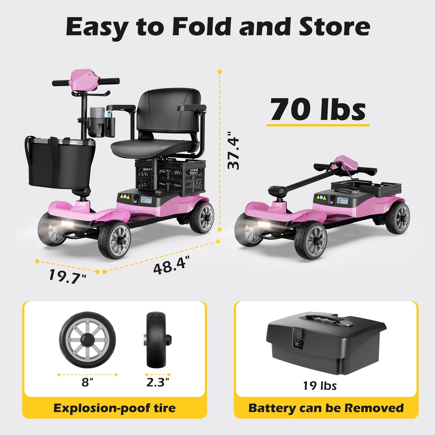 EAGLOG Upgrade 4 Wheels Mobility Scooter with Removable Battery, Compact Heavy Duty Mobile for Travel, Foldable Powered Wheelchair for Adult, 330lbs, Pink