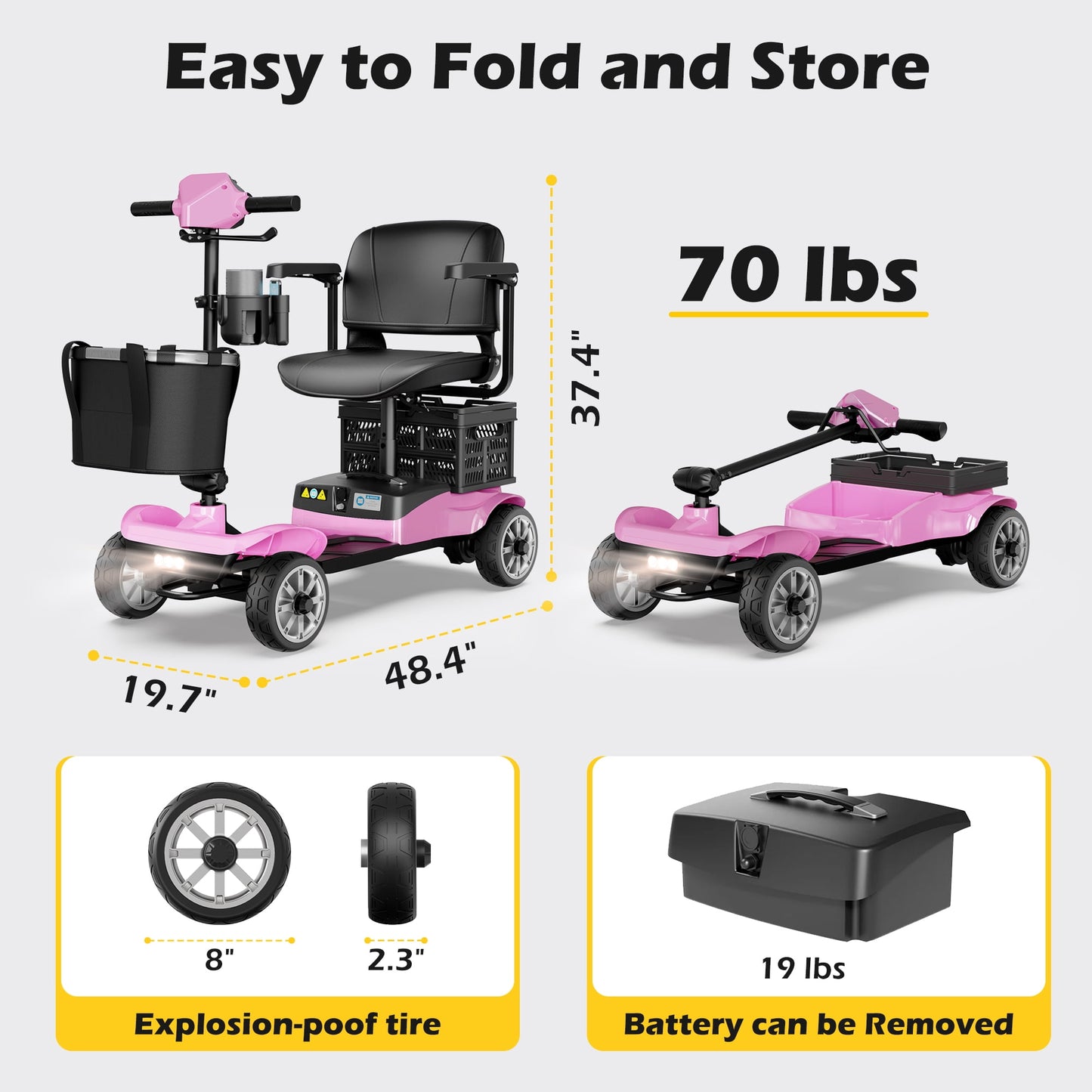 EAGLOG Upgrade 4 Wheels Mobility Scooter with Removable Battery, Compact Heavy Duty Mobile for Travel, Foldable Powered Wheelchair for Adult, 330lbs, Pink