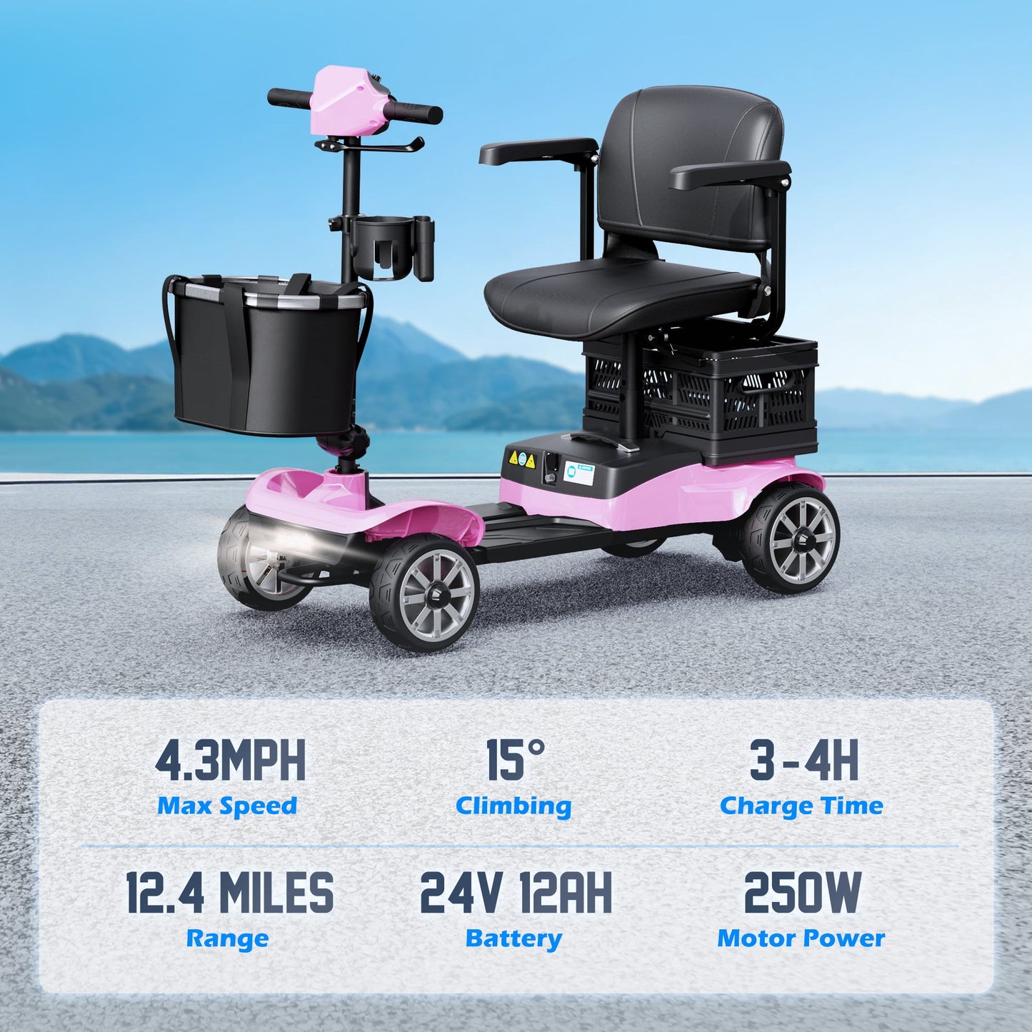 REARFIT Foldable 4 Wheels Mobility Scooter for Seniors, Electric Wheelchair with Detachable Battery, Dual Baskets, Cup & Phone Holder, 330lbs, Pink