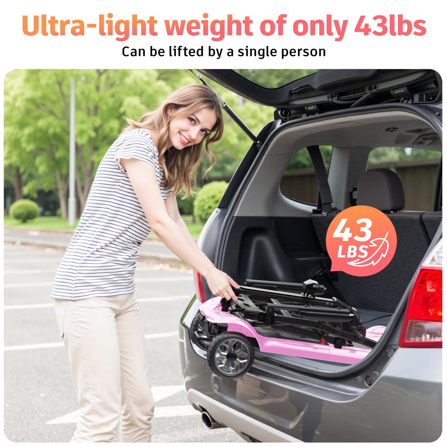 EAGLOG Light Weight 4 Wheels Mobility Scooter for Seniors, Electric Folding Wheelchair Device for Travel, Pink