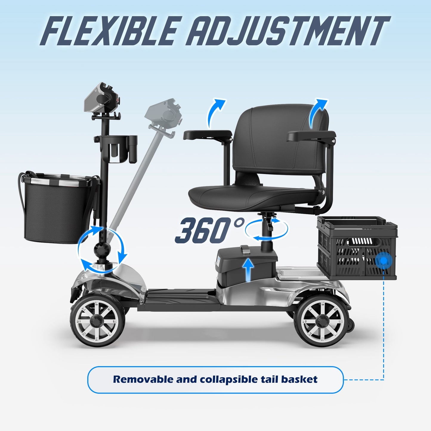 REARFIT Foldable 4 Wheels Mobility Scooter for Seniors, Electric Wheelchair with Detachable Battery, Dual Baskets, Cup & Phone Holder, 330lbs, Silver