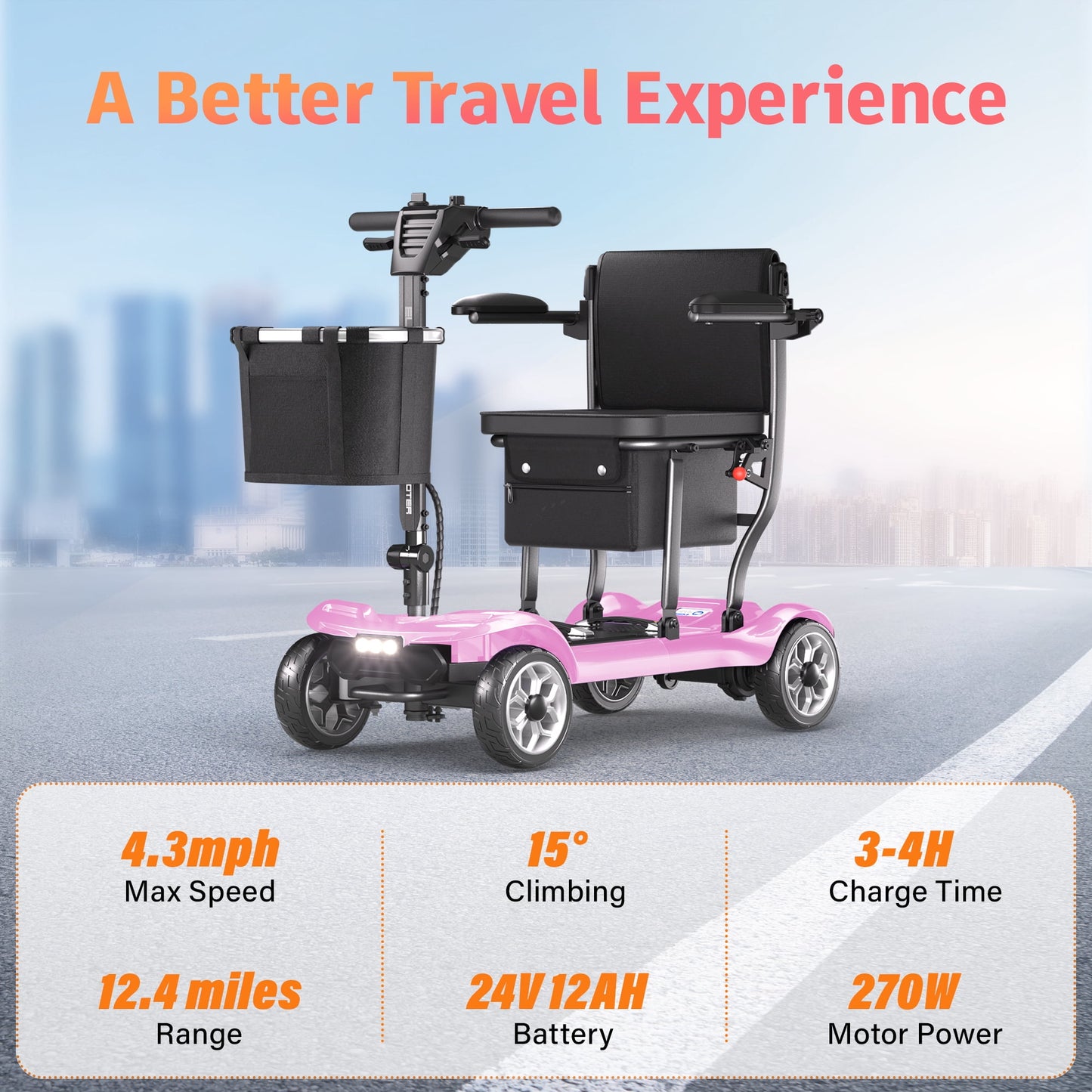 EAGLOG Light Weight 4 Wheels Mobility Scooter for Seniors, Electric Folding Wheelchair Device for Travel, Pink
