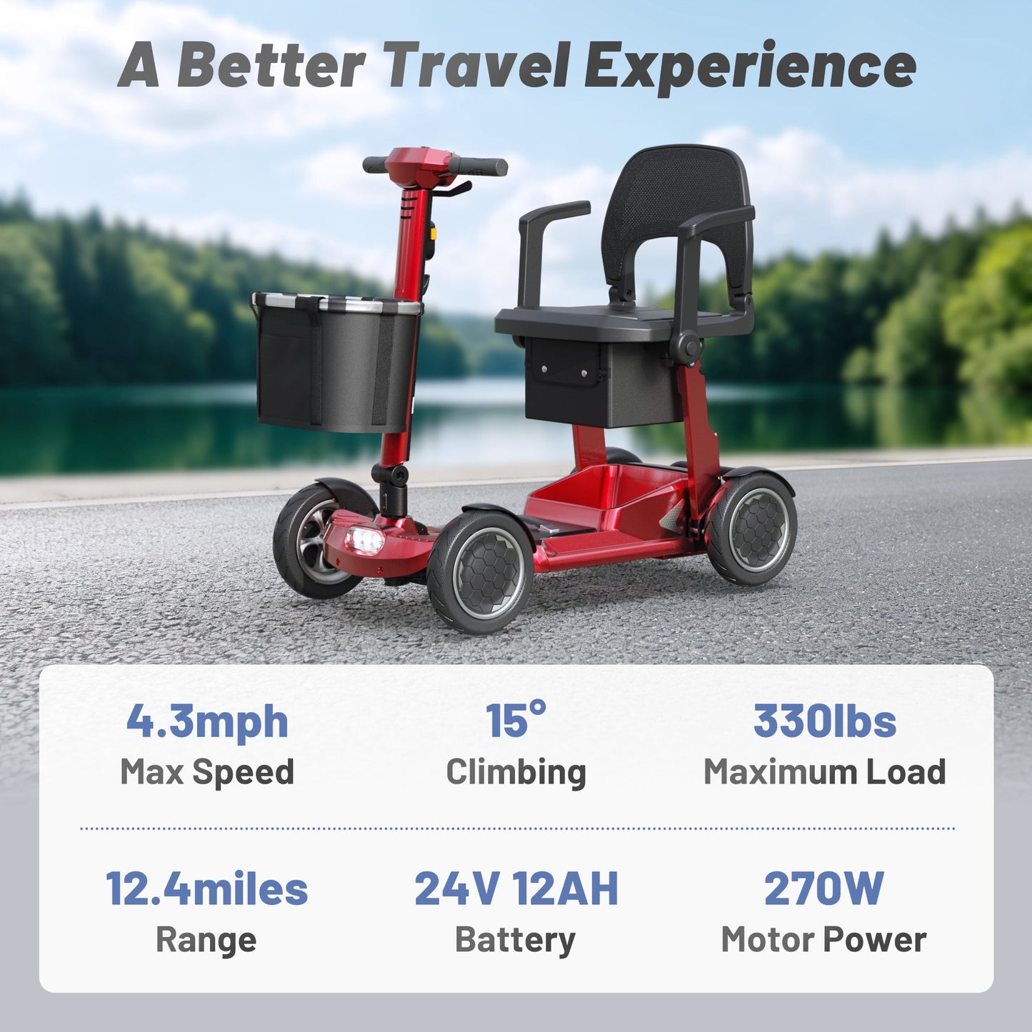 EAGLOG Lightweight Mobility Scooter for Seniors, Foldable Motorized Scooters with Removable Lithium Battery, Pneumatic Tires, Airport Approved, 12.4 Miles Range, 330lb Capacity, Red