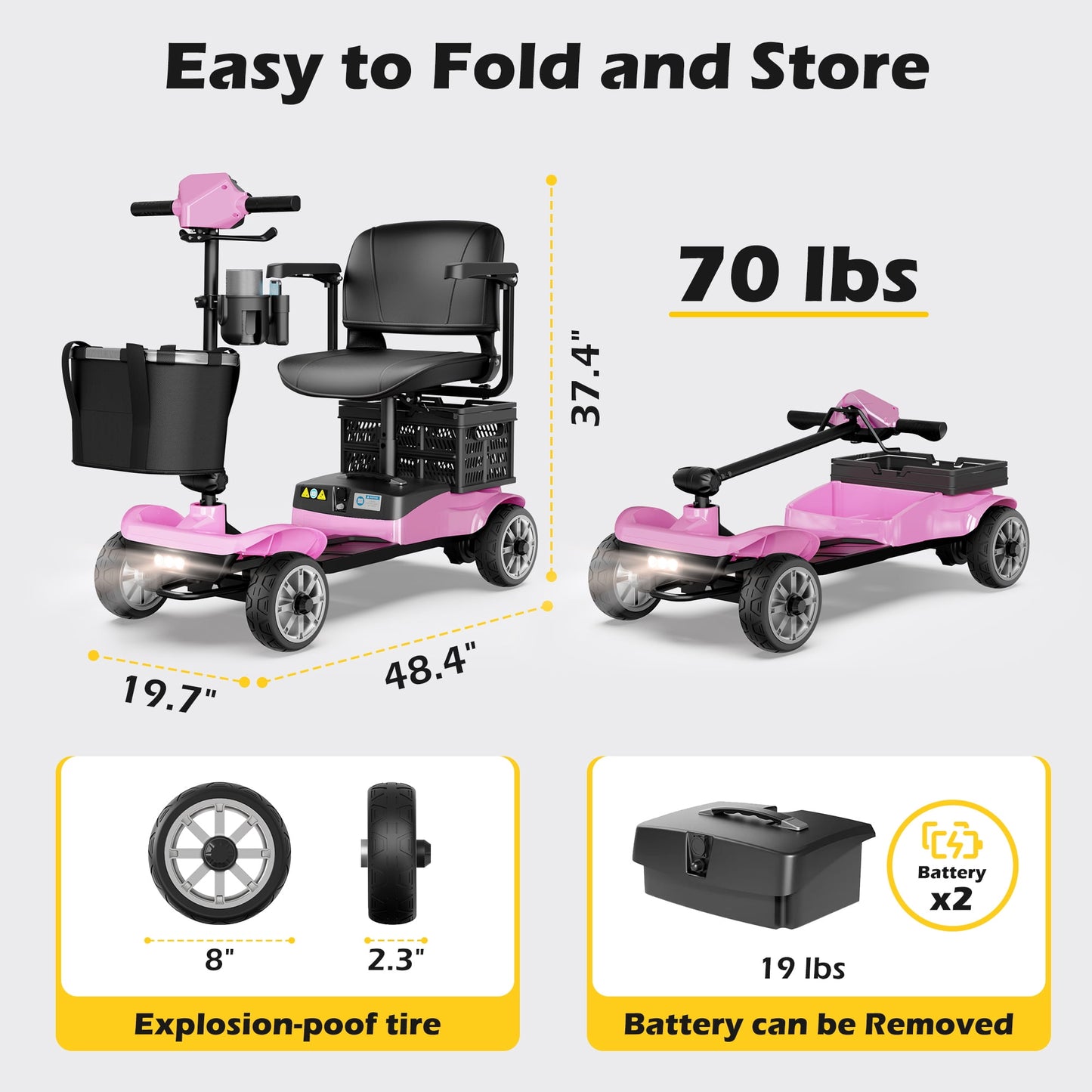 EAGLOG Upgrade 4 Wheels Mobility Scooter with Removable Battery, Compact Heavy Duty Mobile for Travel, Foldable Powered Wheelchair for Adult, 330lbs, 2 Batteries, 30 Miles Range, Pink