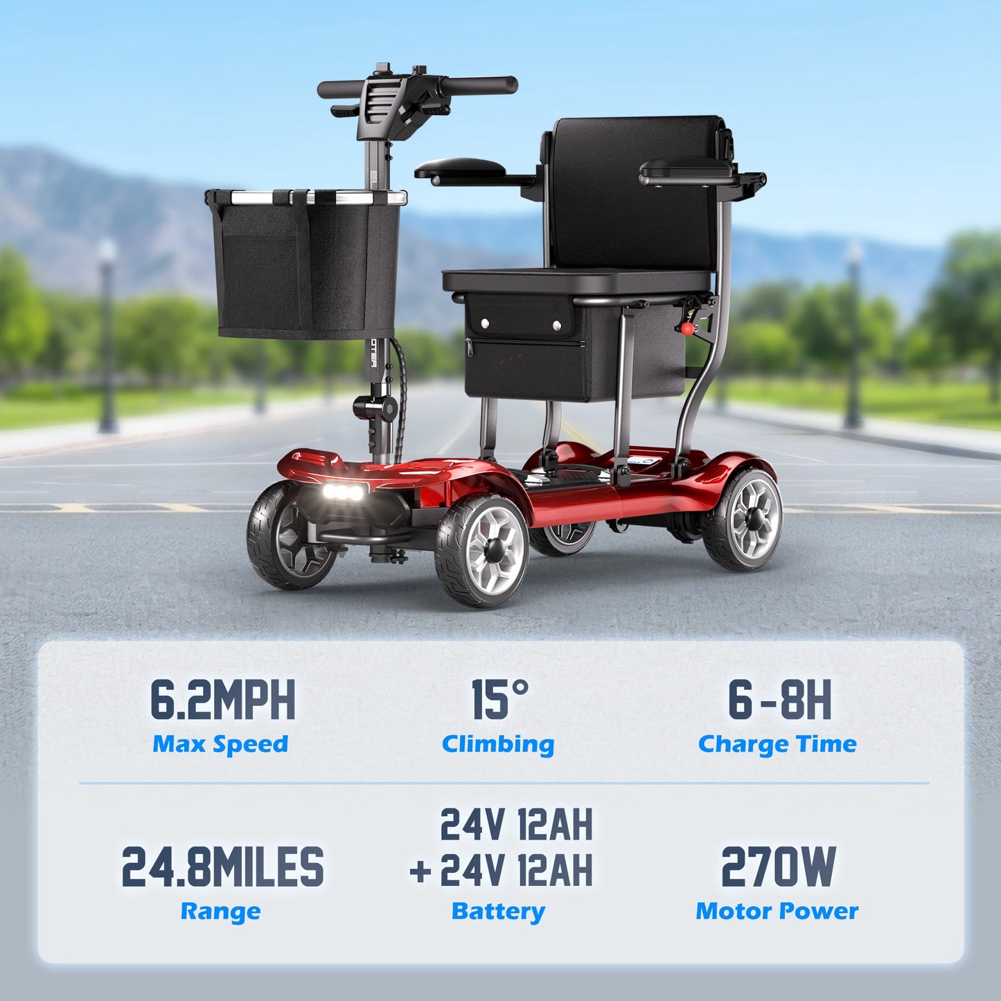 REARFIT Lightweight 4 Wheel Mobility Scooter for Seniors, Cruise Airport Approved, 43lb Foldable Mobility Scooter with Removable Lithium Battery for 24.8 Miles Travel, 300lbs Capacity, Red