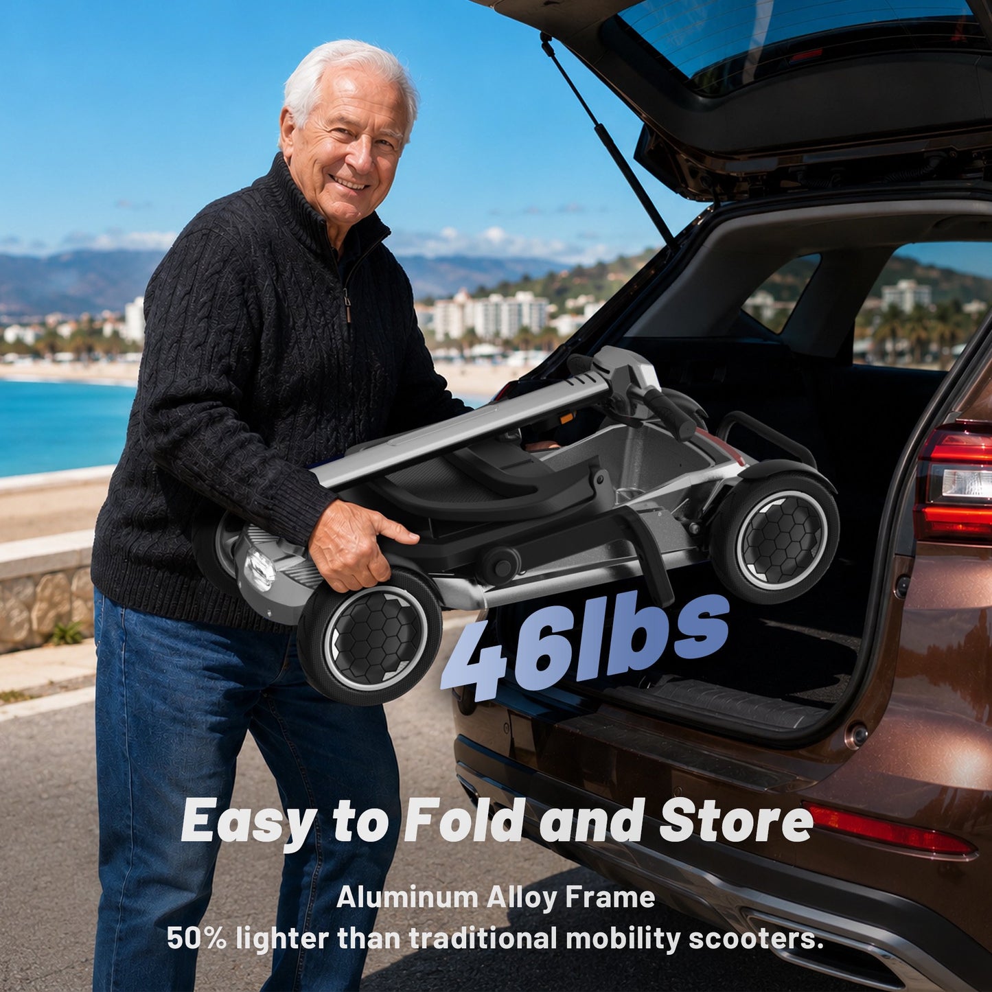 EAGLOG Lightweight Mobility Scooter for Seniors, Foldable Motorized Scooters with Removable Lithium Battery, Pneumatic Tires, Airport Approved, 12.4 Miles Range, 330lb Capacity, Silver