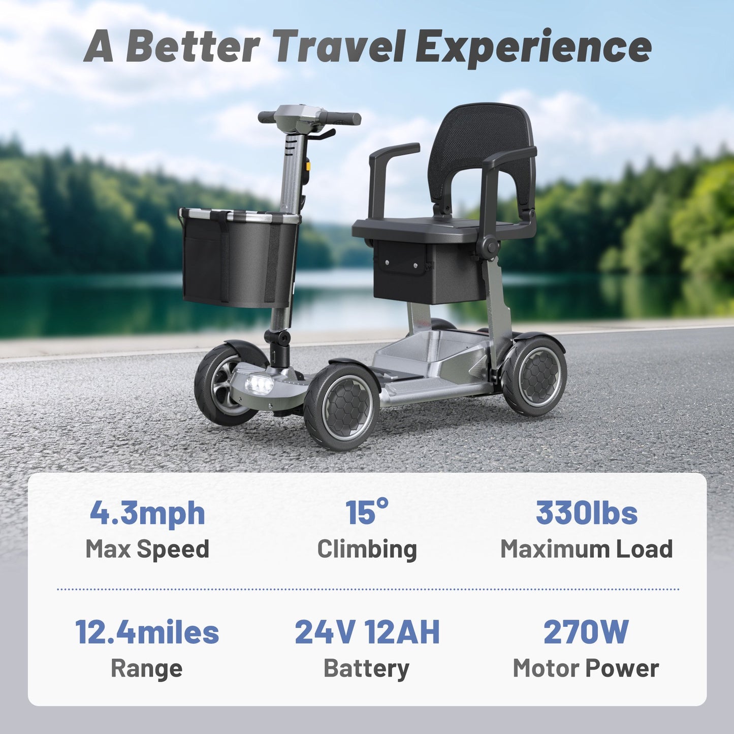 EAGLOG Lightweight Mobility Scooter for Seniors, Foldable Motorized Scooters with Removable Lithium Battery, Pneumatic Tires, Airport Approved, 12.4 Miles Range, 330lb Capacity, Silver