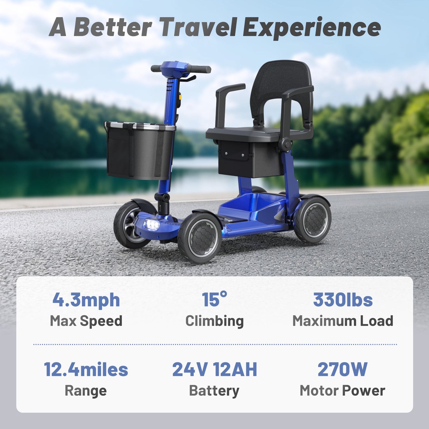 EAGLOG Lightweight Mobility Scooter for Seniors, Foldable Motorized Scooters with Removable Lithium Battery, Pneumatic Tires, Airport Approved, 12.4 Miles Range, 330lb Capacity, Blue