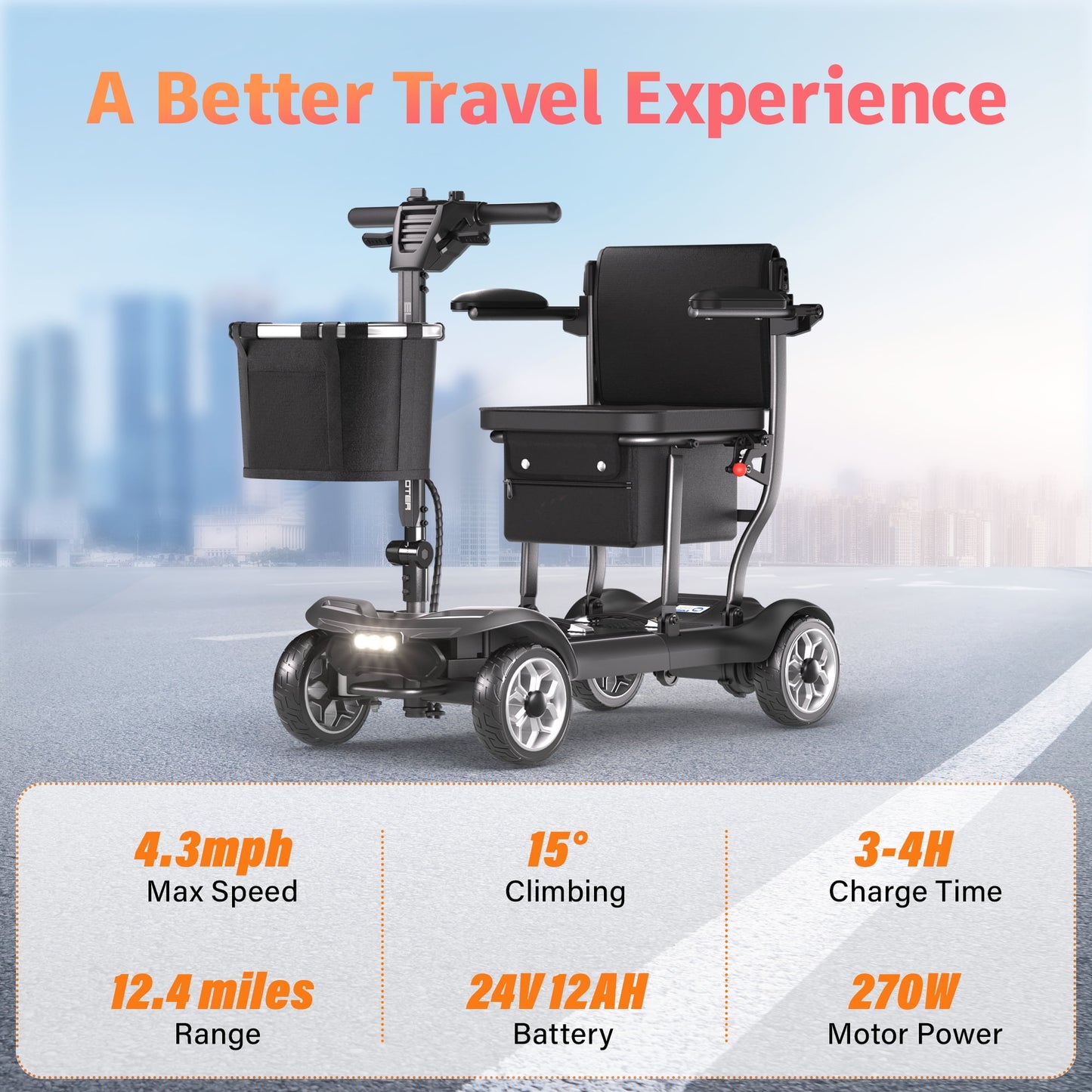 EAGLOG YL-985 4 Wheels Mobility Scooter for Seniors, Electric Folding Wheelchair Device for Travel, 1 Battery, Black