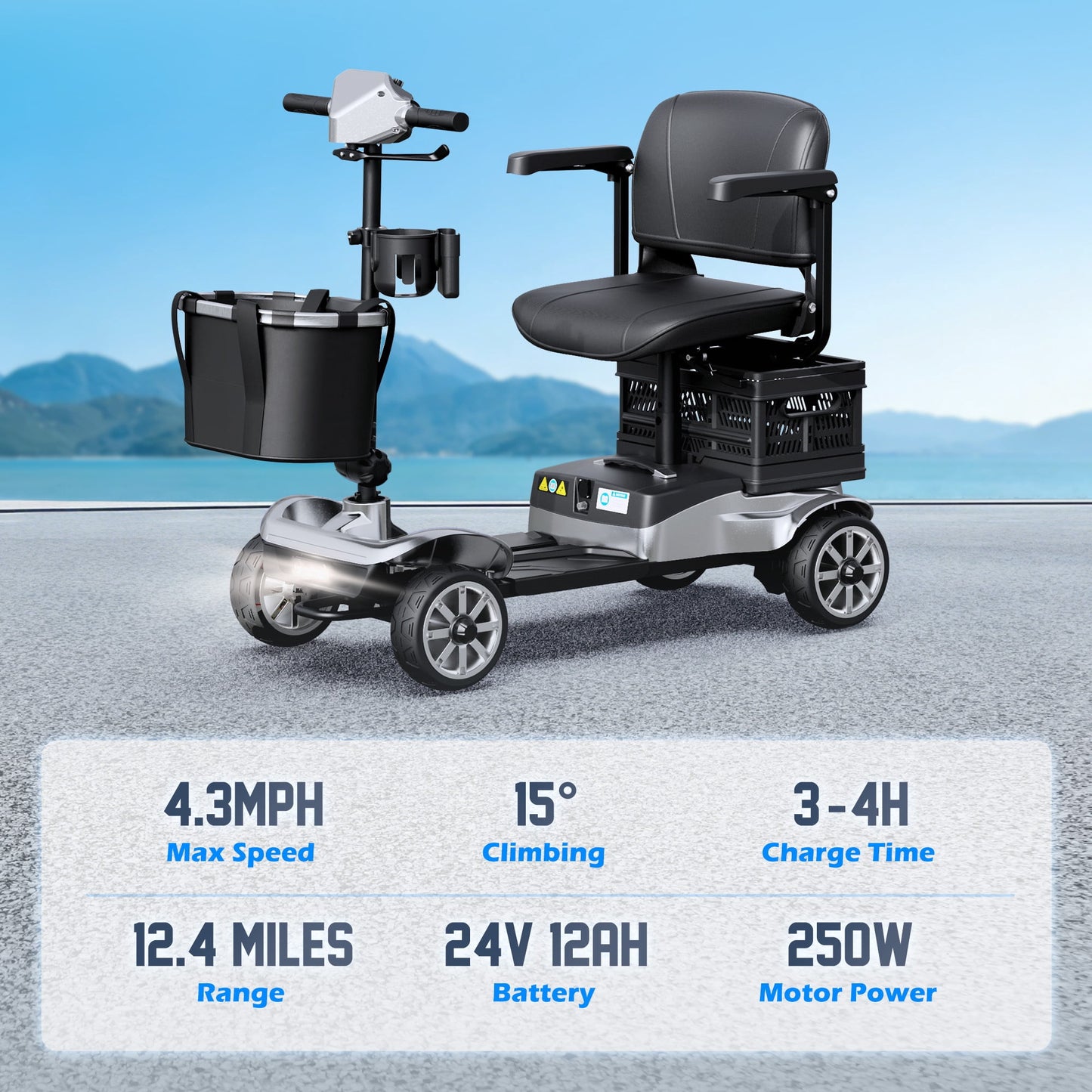 REARFIT Foldable 4 Wheels Mobility Scooter for Seniors, Electric Wheelchair with Detachable Battery, Dual Baskets, Cup & Phone Holder, 330lbs, Silver