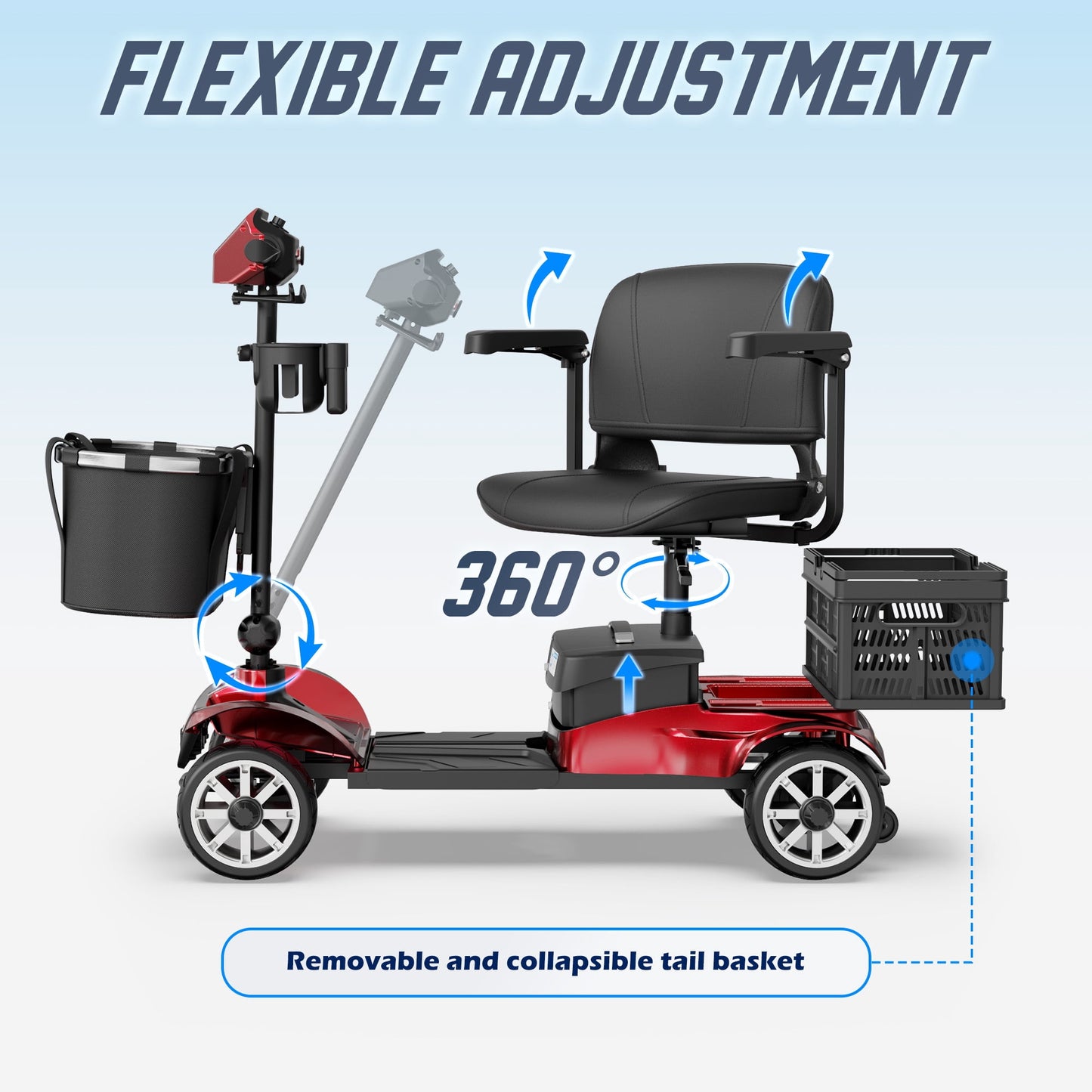 REARFIT Foldable 4 Wheels Mobility Scooter for Seniors, Electric Wheelchair with Detachable Battery, Dual Baskets, Cup & Phone Holder, 330lbs, Red