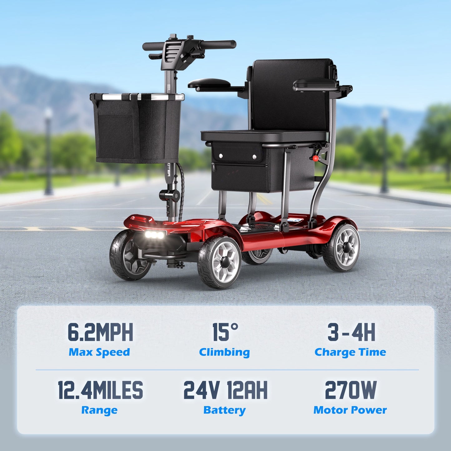 REARFIT Lightweight 4 Wheel Mobility Scooter for Seniors, Cruise Airport Approved, 43lb Foldable Mobility Scooter with Removable Lithium Battery for 12.4 Miles Travel, 300lbs Capacity, Red