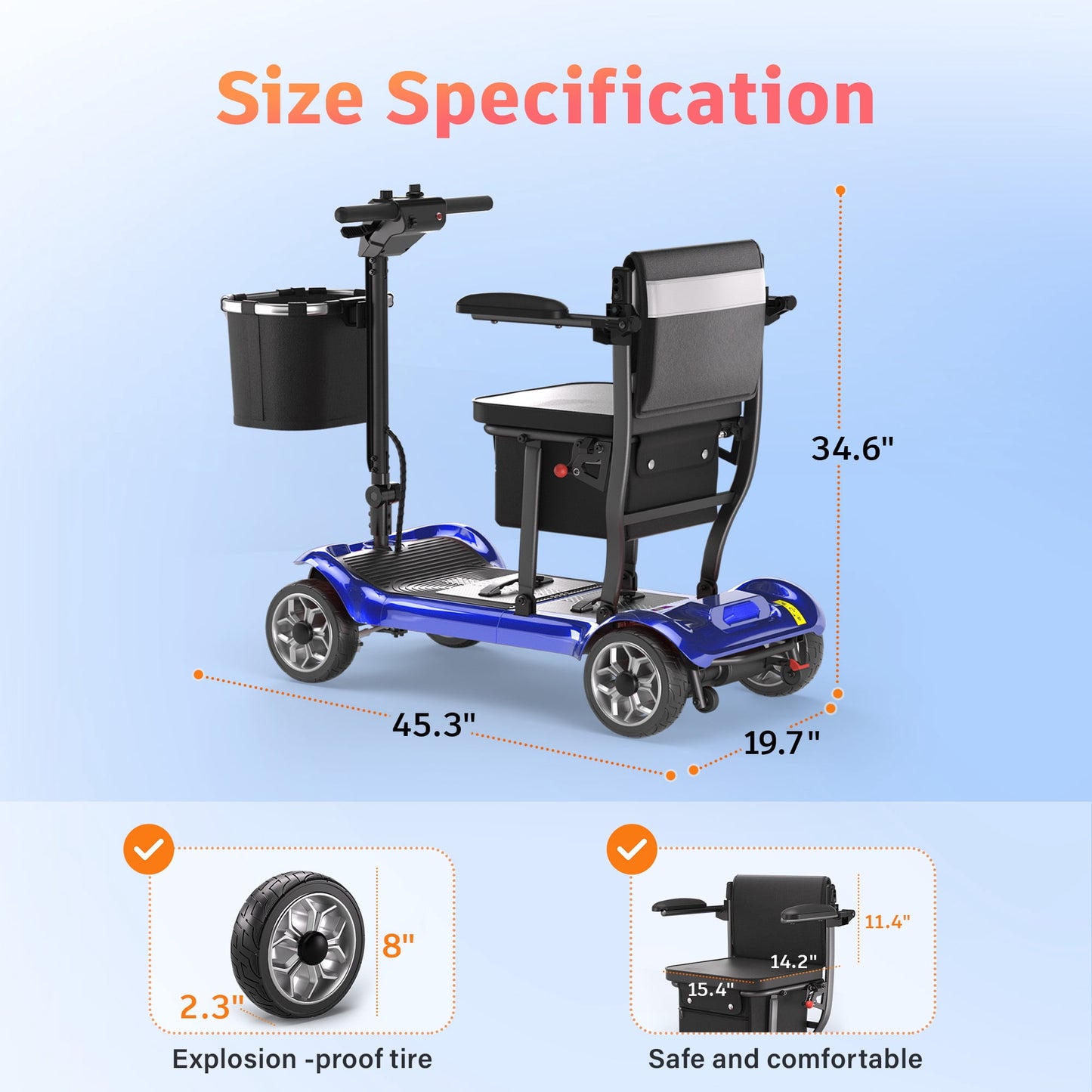 EAGLOG Light Weight 4 Wheels Mobility Scooter for Seniors, Electric Folding Wheelchair Device for Travel, 24.8 Miles Range, Blue
