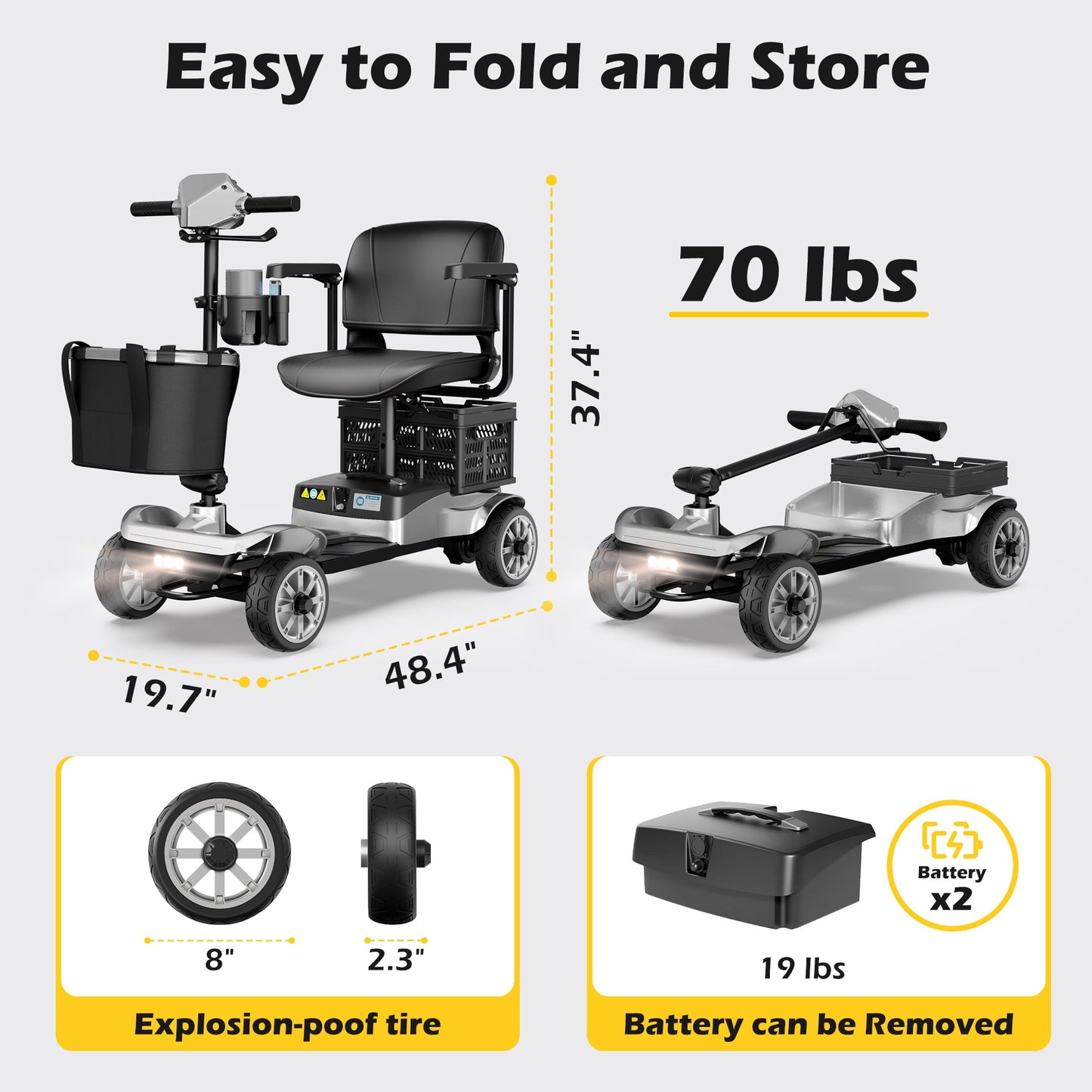 EAGLOG Upgrade 4 Wheels Mobility Scooter with Removable Battery, Compact Heavy Duty Mobile for Travel, Foldable Powered Wheelchair for Adult, 330lbs, 2 Batteries, 30 Miles Range, Silver