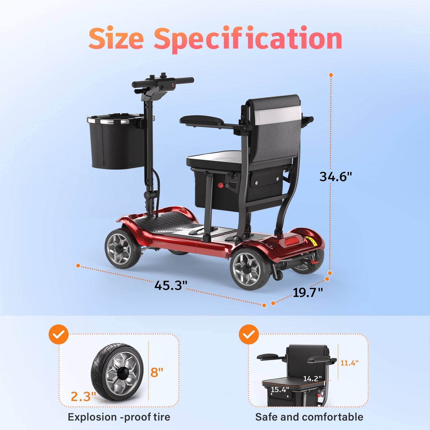 EAGLOG Light Weight 4 Wheels Mobility Scooter for Seniors, Electric Folding Wheelchair Device for Travel, 30.4 Miles Range, Red