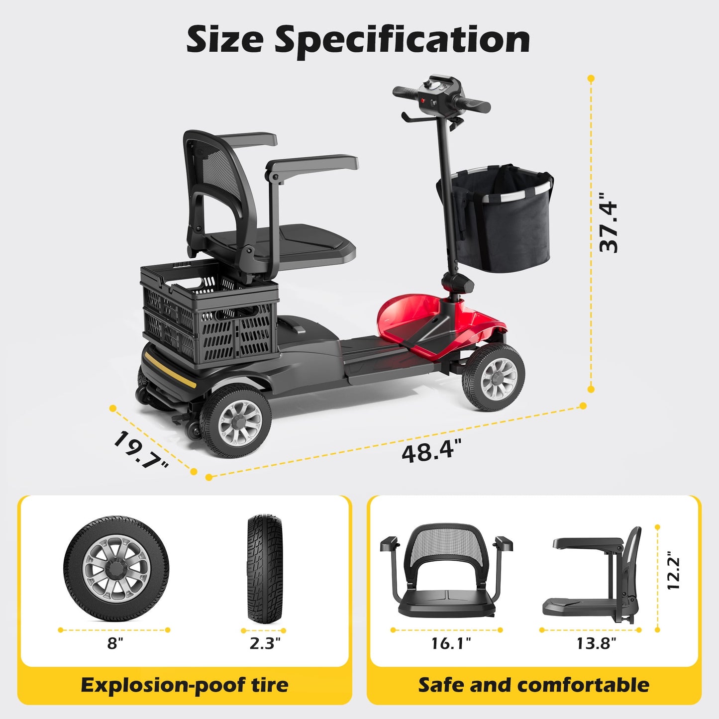 EAGLOG YL-07 4 Wheels Mobility Scooter with Removable Battery for Seniors, Compact Heavy Duty Mobile for Travel, Foldable Powered Wheelchair for Adult, 330lbs, Red