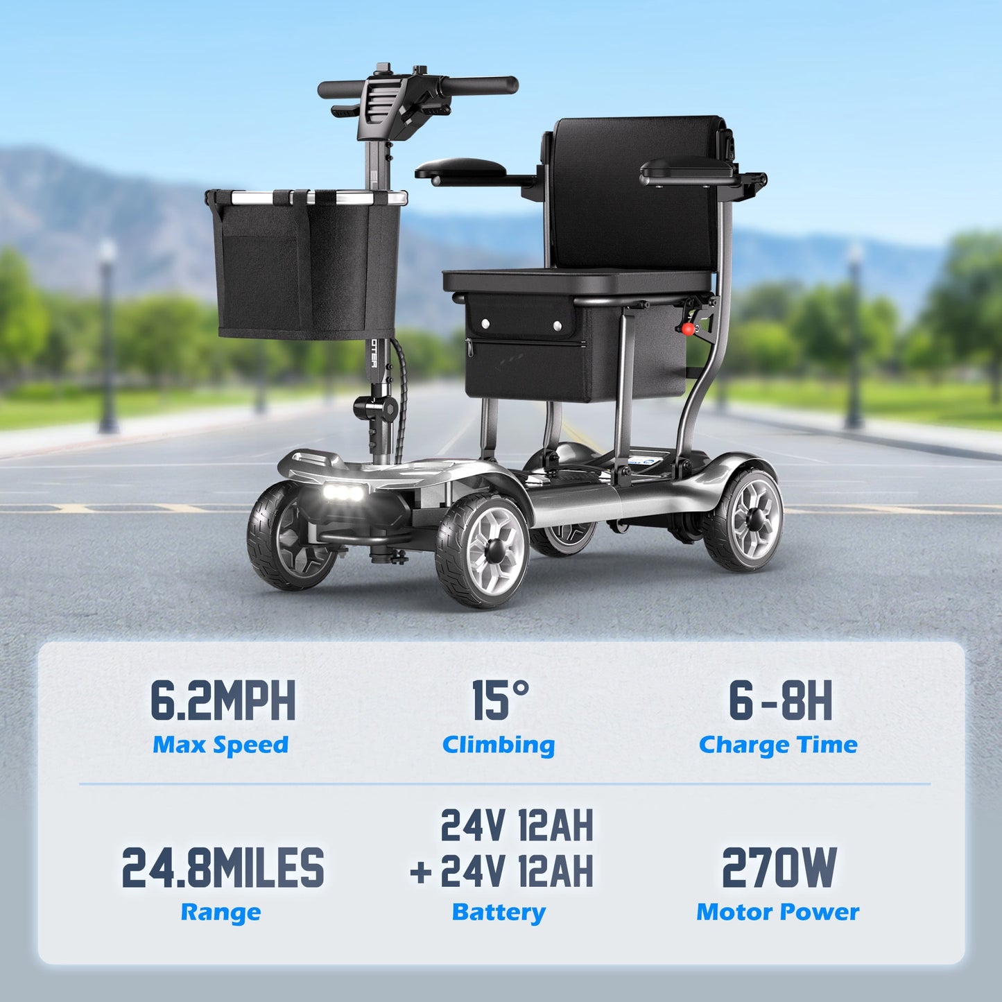REARFIT Lightweight 4 Wheel Mobility Scooter for Seniors, Cruise Airport Approved, 43lb Foldable Mobility Scooter with Removable Lithium Battery for 24.8 Miles Travel, 300lbs Capacity, Silver