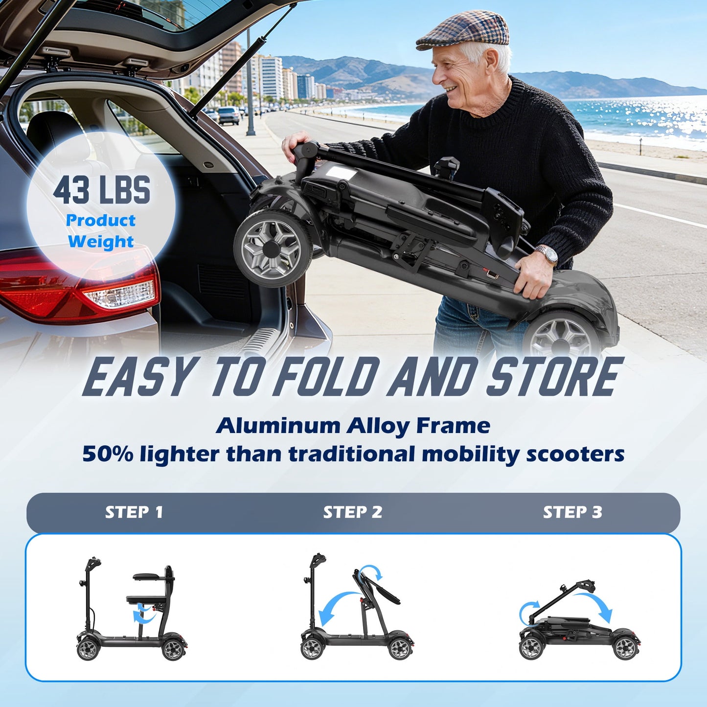REARFIT Lightweight 4 Wheel Mobility Scooter for Seniors, Cruise Airport Approved, 43lb Foldable Mobility Scooter with Removable Lithium Battery for 24.8 Miles Travel, 300lbs Capacity, Black