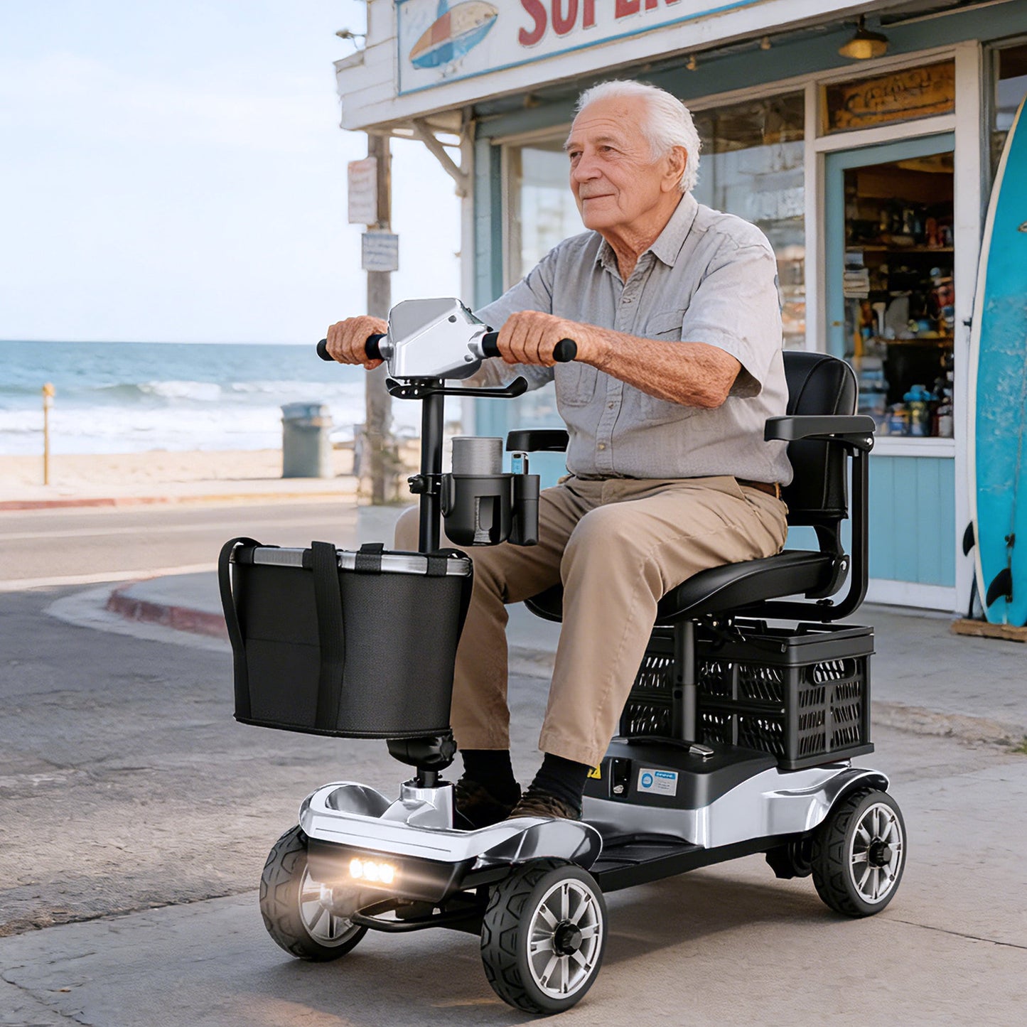 REARFIT Foldable 4 Wheels Mobility Scooter for Seniors, Electric Wheelchair with Detachable Battery, Dual Baskets, Cup & Phone Holder, 330lbs, Silver