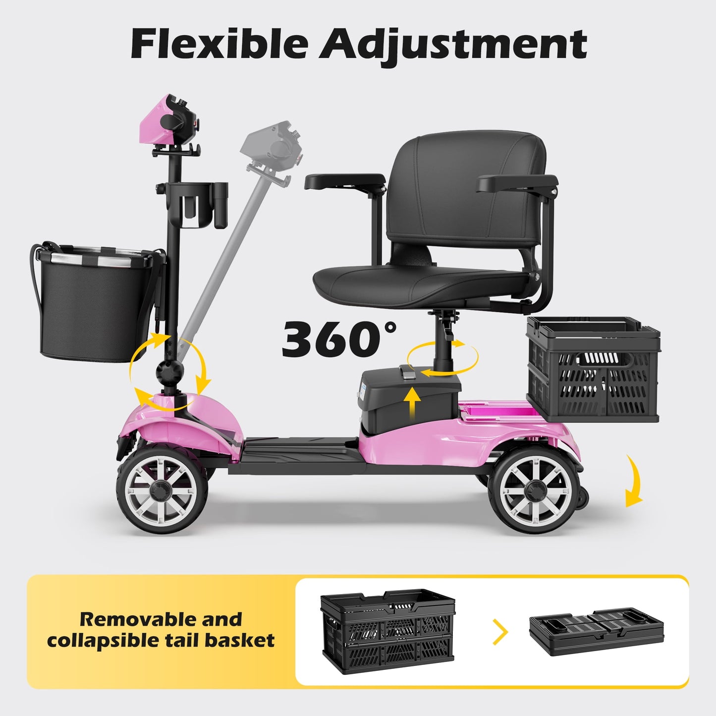 EAGLOG Upgrade 4 Wheels Mobility Scooter with Removable Battery, Compact Heavy Duty Mobile for Travel, Foldable Powered Wheelchair for Adult, 330lbs, 2 Batteries, 30 Miles Range, Pink