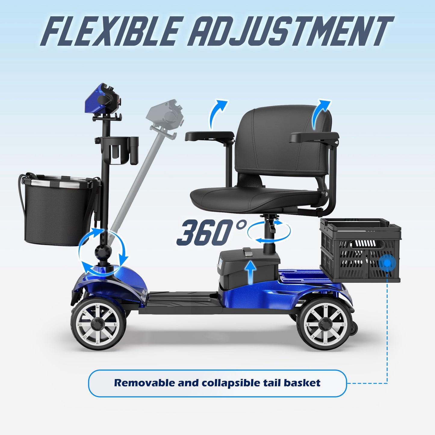 REARFIT Foldable 4 Wheels Mobility Scooter for Seniors, Electric Wheelchair with Detachable Battery, Dual Baskets, Cup & Phone Holder, 330lbs, Blue