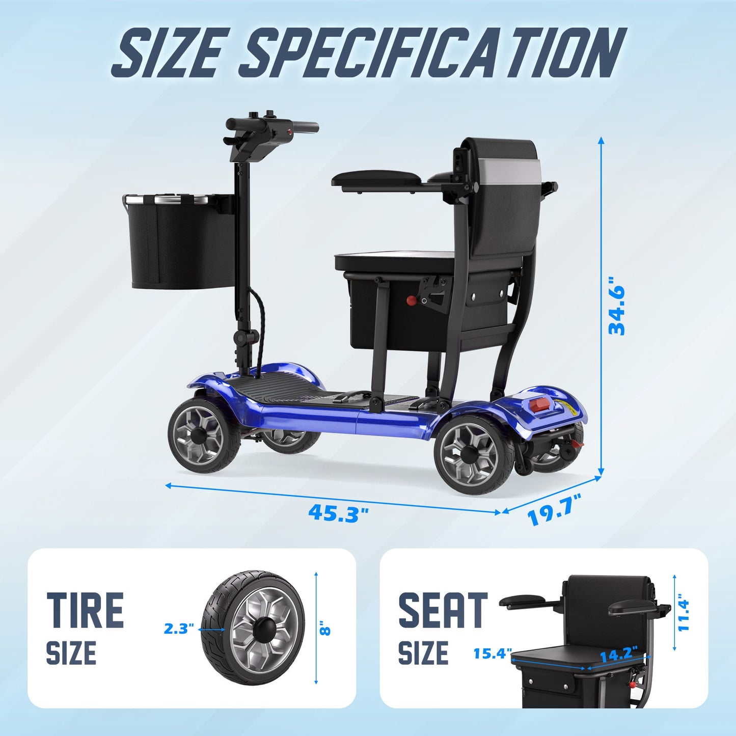 REARFIT Lightweight 4 Wheel Mobility Scooter for Seniors, Cruise Airport Approved, 43lb Foldable Mobility Scooter with Removable Lithium Battery for 30.4 Miles Travel, 300lbs Capacity, Blue