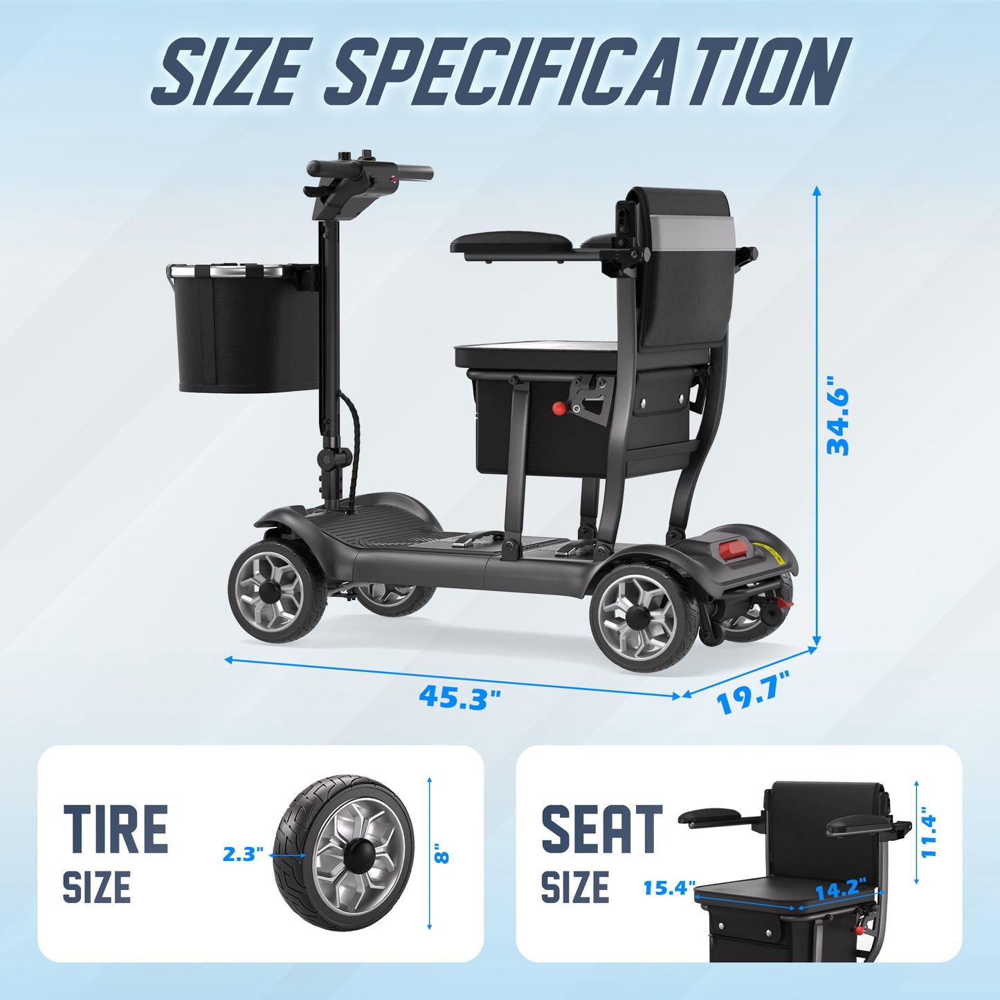 REARFIT Lightweight 4 Wheel Mobility Scooter for Seniors, Cruise Airport Approved, 43lb Foldable Mobility Scooter with Removable Lithium Battery for 30.4 Miles Travel, 300lbs Capacity, Black