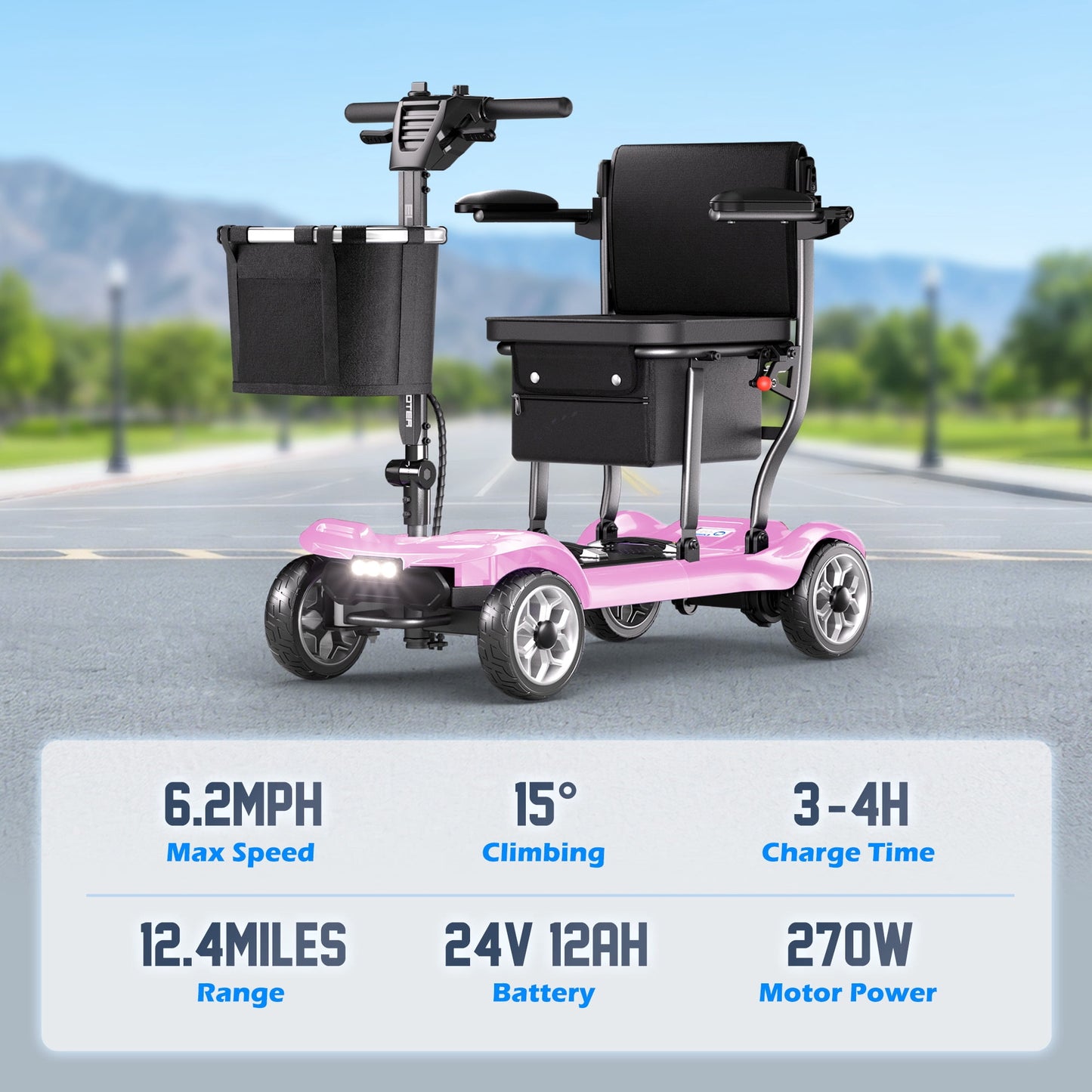 REARFIT Lightweight 4 Wheel Mobility Scooter for Seniors, Cruise Airport Approved, 43lb Foldable Mobility Scooter with Removable Lithium Battery for 12.4 Miles Travel, 300lbs Capacity, Pink