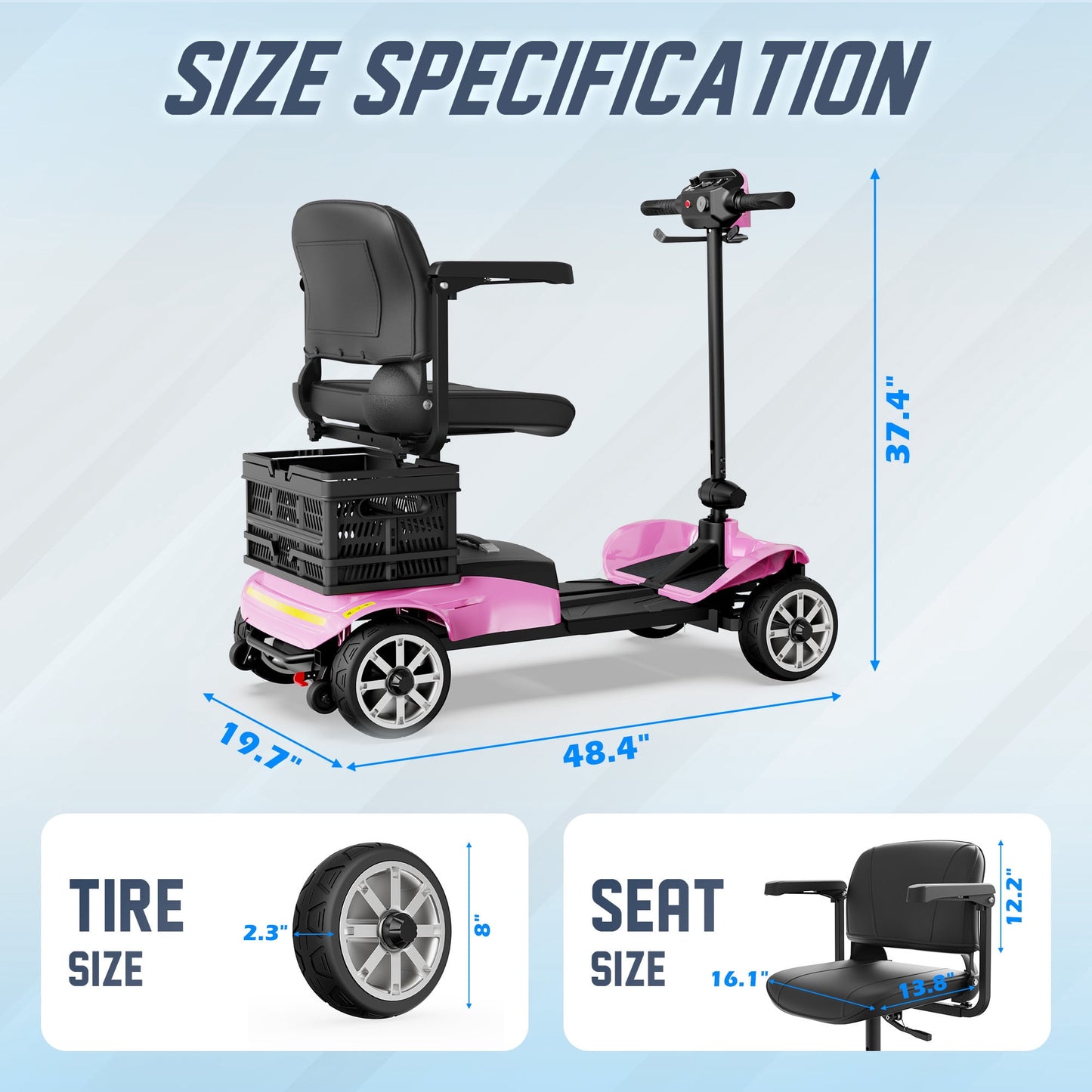 REARFIT Foldable 4 Wheels Mobility Scooter for Seniors, Electric Wheelchair with Detachable Battery, Dual Baskets, Cup & Phone Holder, 330lbs, Pink