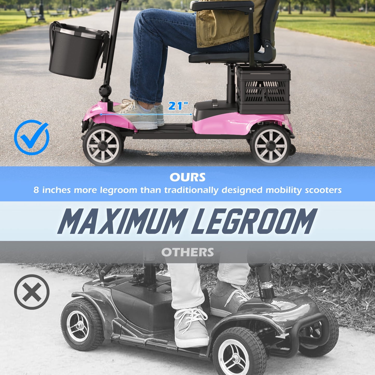 REARFIT Foldable 4 Wheels Mobility Scooter for Seniors, Electric Wheelchair with Detachable Battery, Dual Baskets, Cup & Phone Holder, 330lbs, Pink