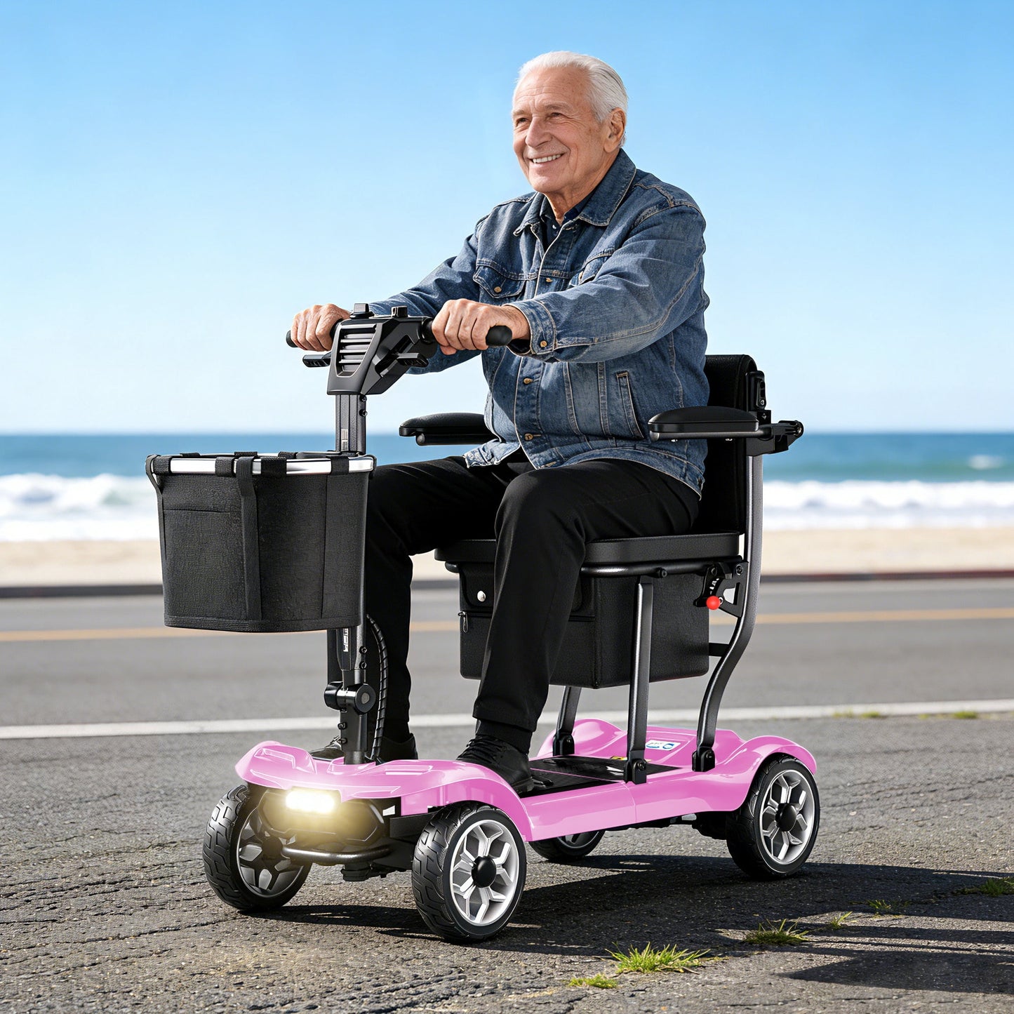 REARFIT Lightweight 4 Wheel Mobility Scooter for Seniors, Cruise Airport Approved, 43lb Foldable Mobility Scooter with Removable Lithium Battery for 24.8 Miles Travel, 300lbs Capacity, Pink