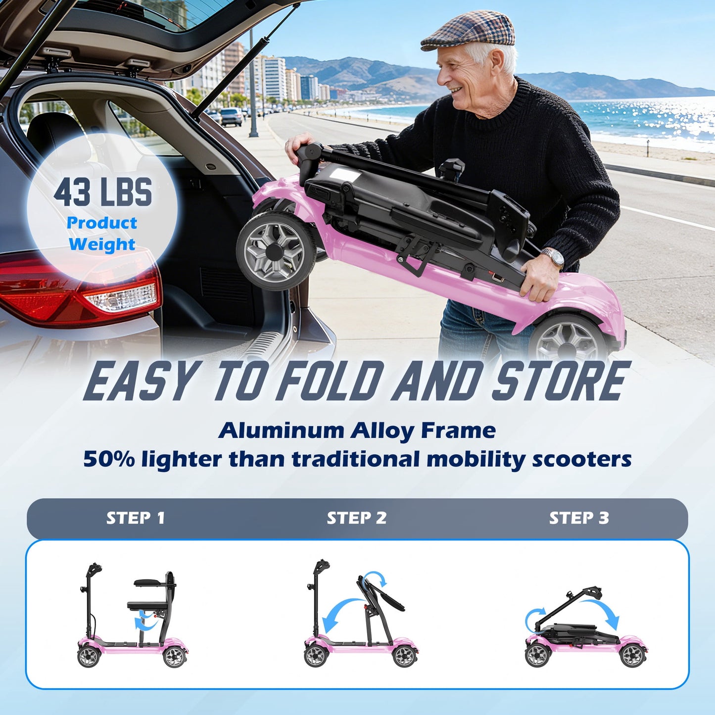 REARFIT Lightweight 4 Wheel Mobility Scooter for Seniors, Cruise Airport Approved, 43lb Foldable Mobility Scooter with Removable Lithium Battery for 30.4 Miles Travel, 300lbs Capacity, Pink