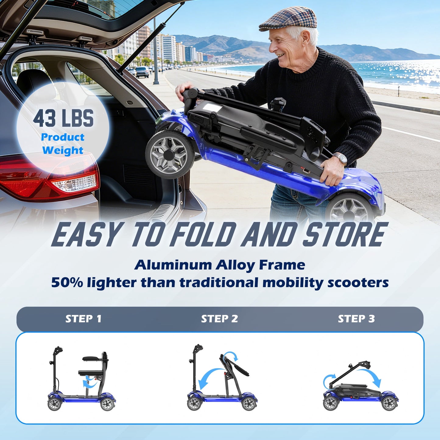 REARFIT Lightweight 4 Wheel Mobility Scooter for Seniors, Cruise Airport Approved, 43lb Foldable Mobility Scooter with Removable Lithium Battery for 30.4 Miles Travel, 300lbs Capacity, Blue