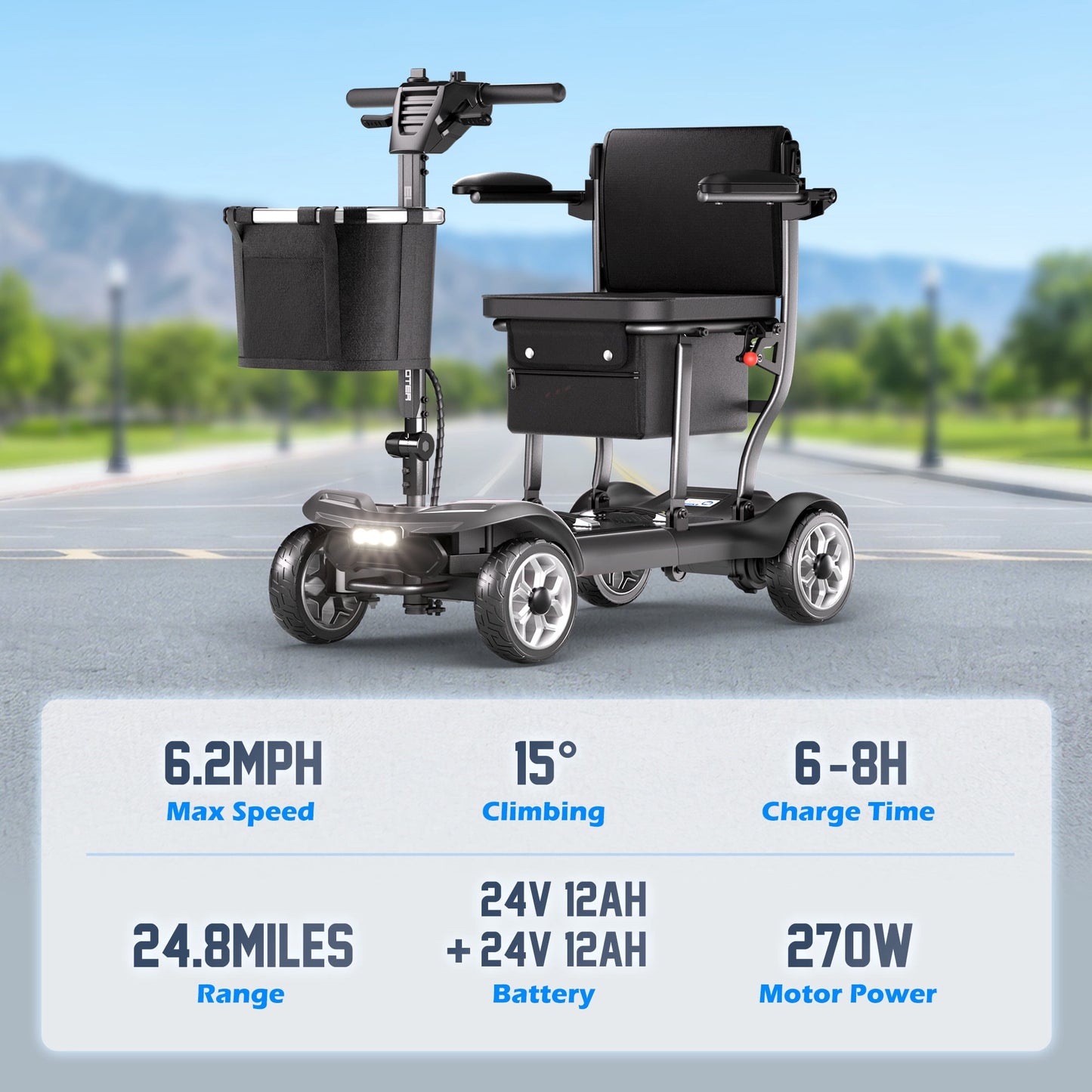 REARFIT Lightweight 4 Wheel Mobility Scooter for Seniors, Cruise Airport Approved, 43lb Foldable Mobility Scooter with Removable Lithium Battery for 24.8 Miles Travel, 300lbs Capacity, Black