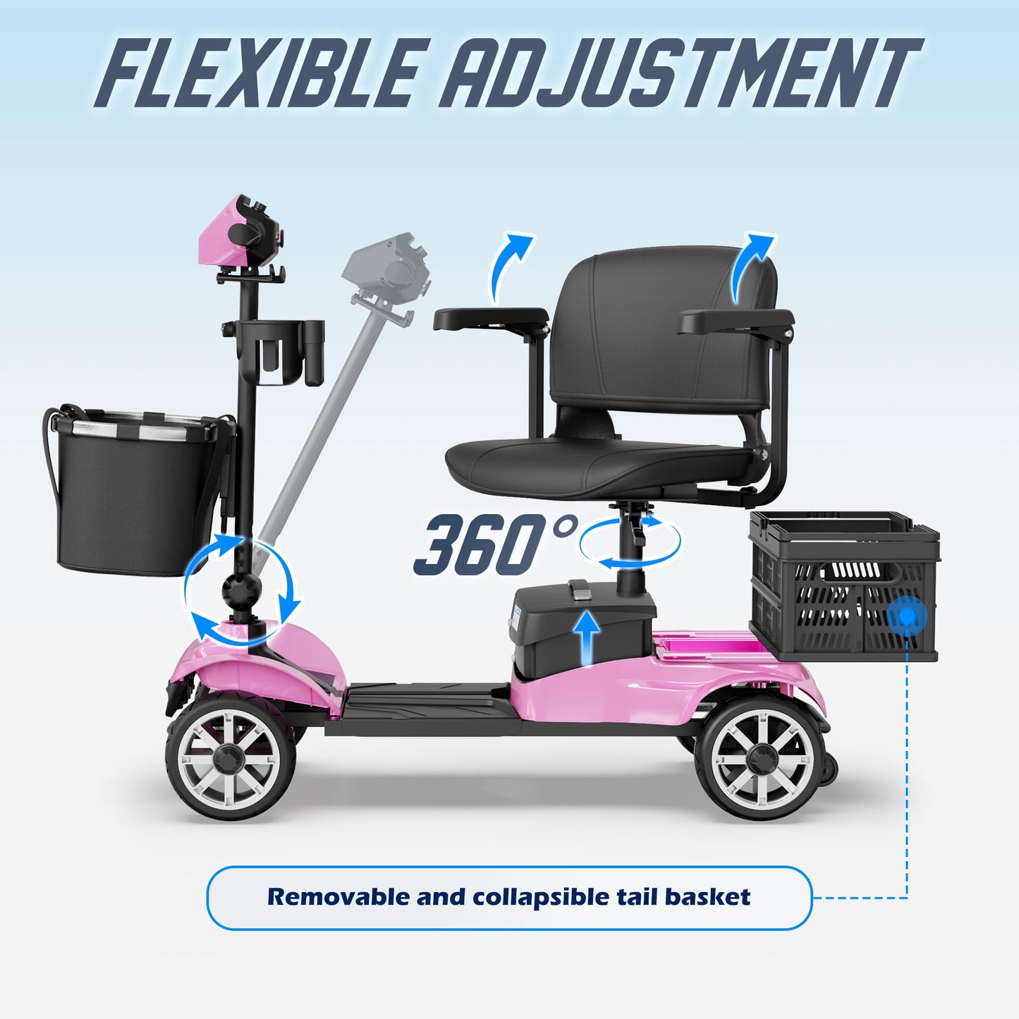 REARFIT Foldable 4 Wheels Mobility Scooter for Seniors, Electric Wheelchair with Detachable Battery, Dual Baskets, Cup & Phone Holder, 330lbs, Pink