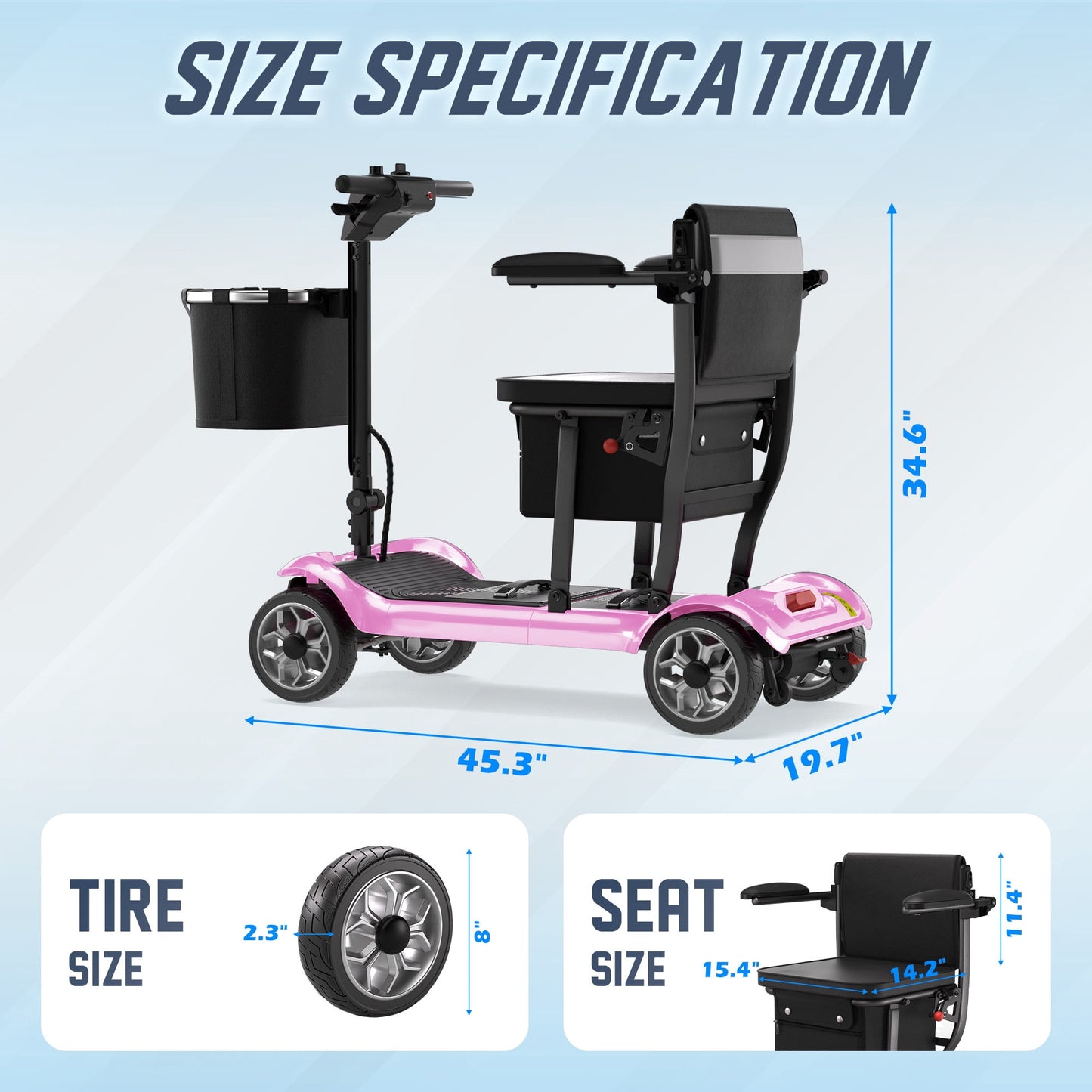 REARFIT Lightweight 4 Wheel Mobility Scooter for Seniors, Cruise Airport Approved, 43lb Foldable Mobility Scooter with Removable Lithium Battery for 12.4 Miles Travel, 300lbs Capacity, Pink