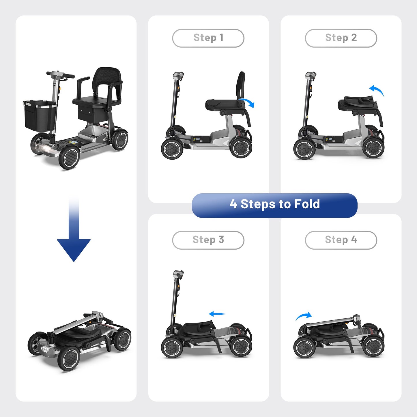 EAGLOG Lightweight Mobility Scooter for Seniors, Foldable Motorized Scooters with Removable Lithium Battery, Pneumatic Tires, Airport Approved, 12.4 Miles Range, 330lb Capacity, Silver