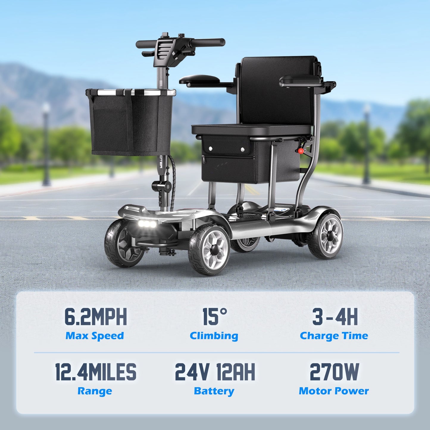 REARFIT Lightweight 4 Wheel Mobility Scooter for Seniors, Cruise Airport Approved, 43lb Foldable Mobility Scooter with Removable Lithium Battery for 12.4 Miles Travel, 300lbs Capacity, Silver