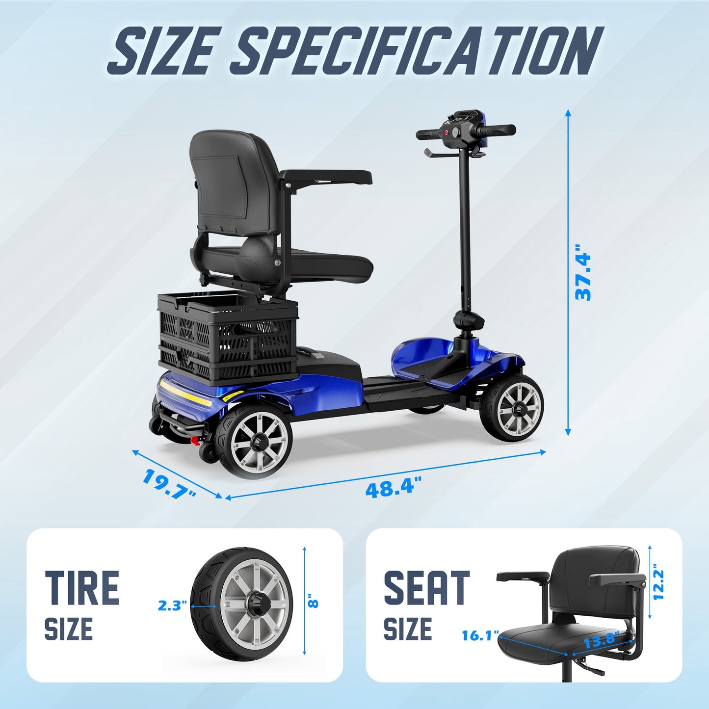 REARFIT Foldable 4 Wheels Mobility Scooter for Seniors, Electric Wheelchair with Detachable Battery, Dual Baskets, Cup & Phone Holder, 330lbs, Blue
