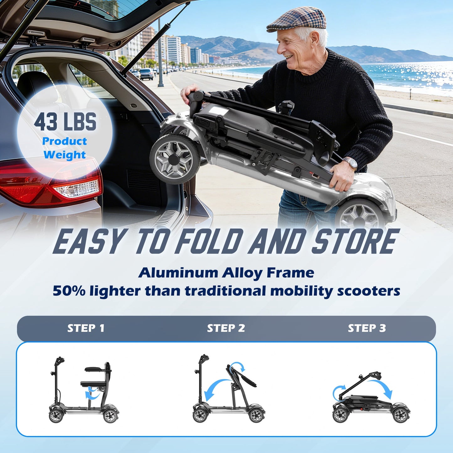 REARFIT Lightweight 4 Wheel Mobility Scooter for Seniors, Cruise Airport Approved, 43lb Foldable Mobility Scooter with Removable Lithium Battery for 12.4 Miles Travel, 300lbs Capacity, Silver